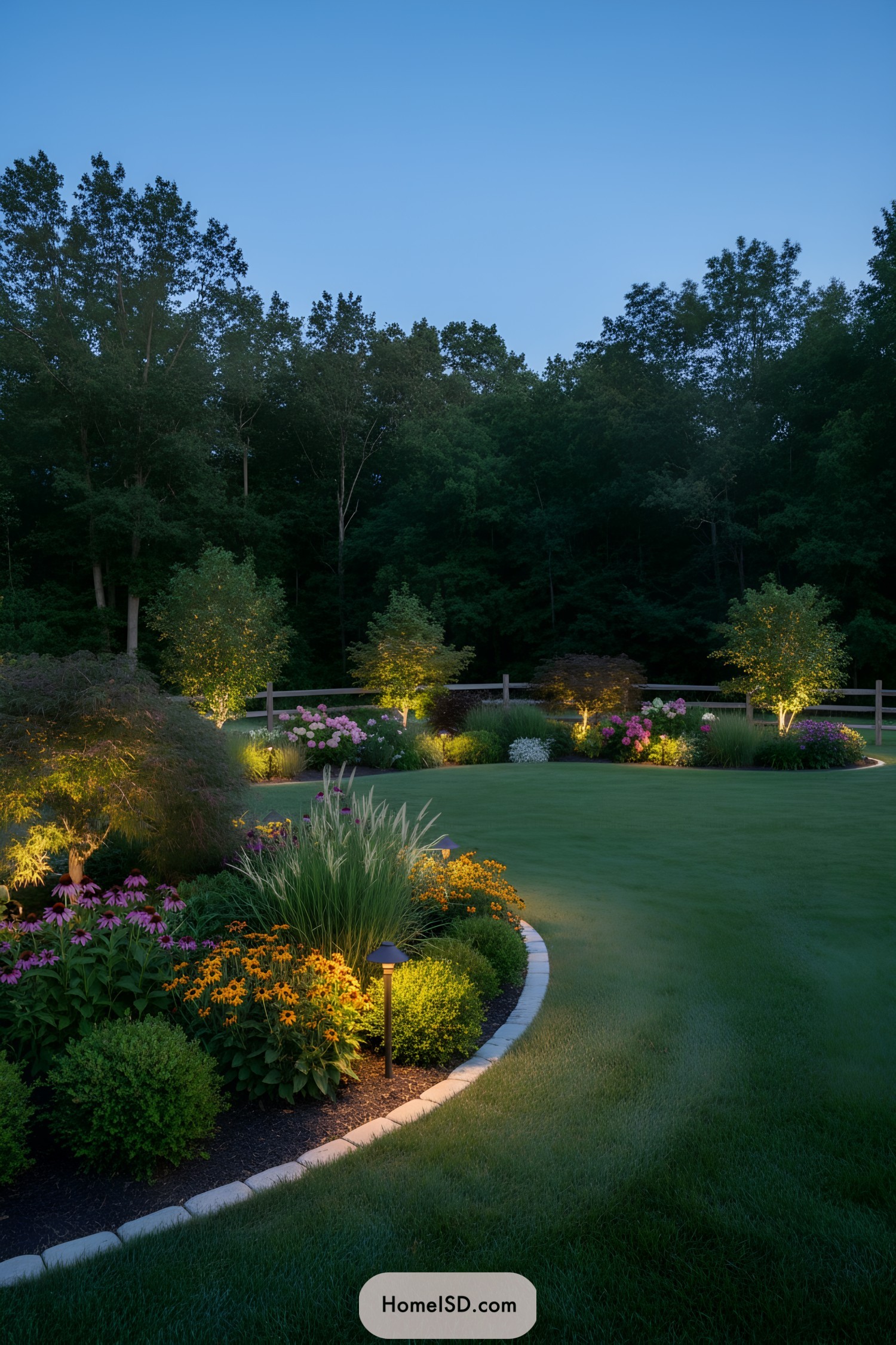 Beautifully lit garden with vibrant flowers and lush greenery