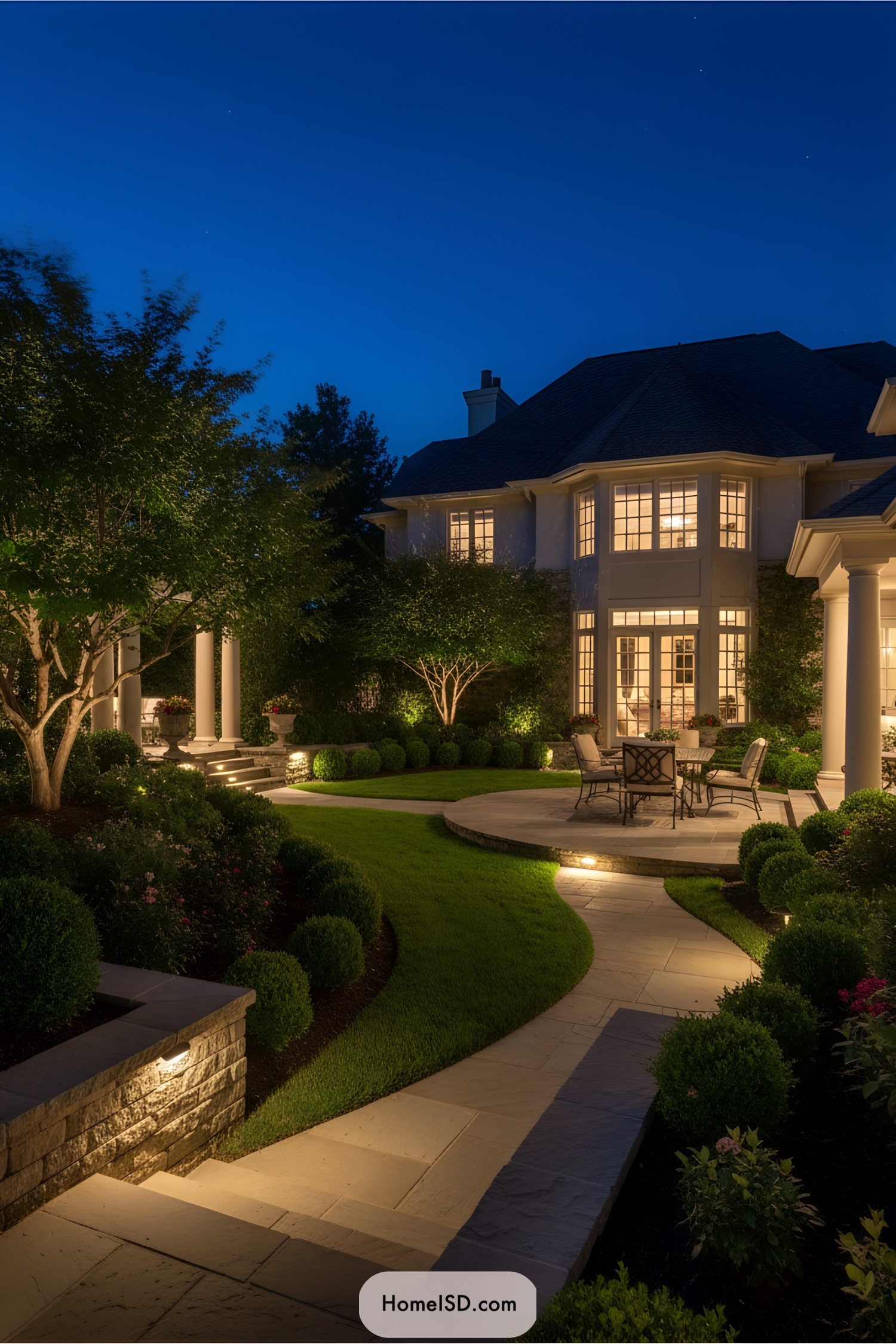 Elegant garden landscape with illuminated pathway