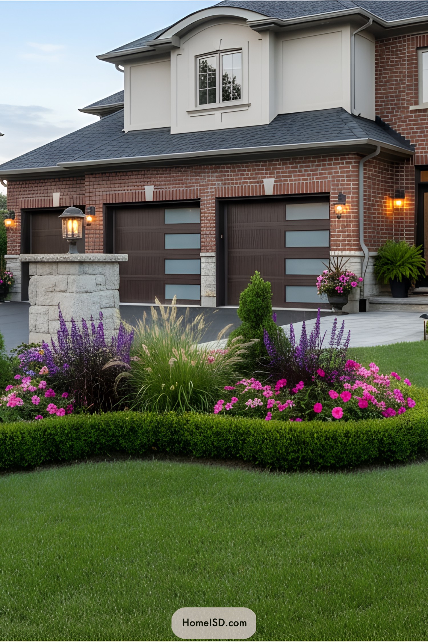 Mailbox and lush garden in front of brick house with double garage
