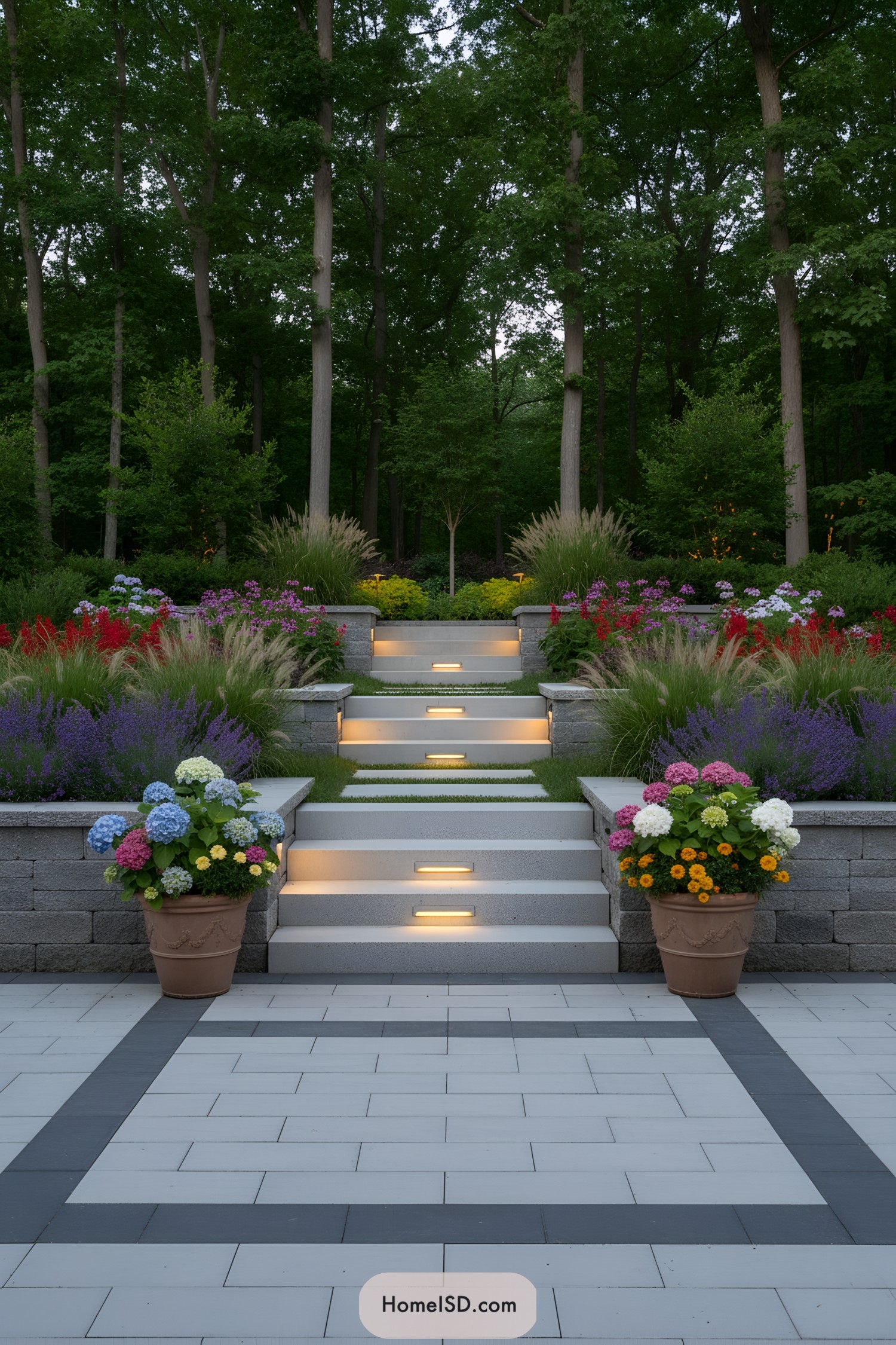 Illuminated garden staircase with vibrant flowers