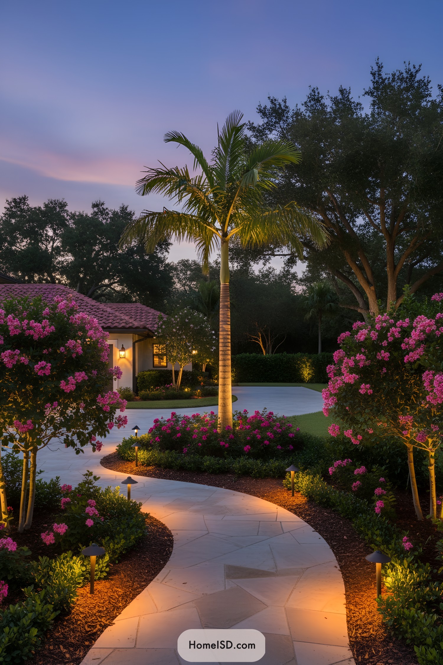 Illuminated garden path with palm and flowering shrubs
