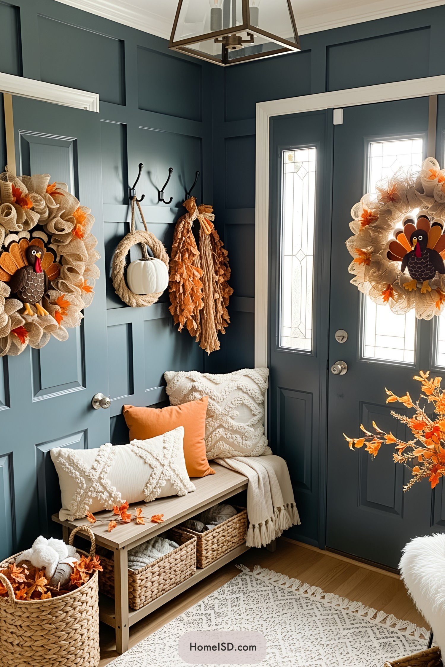 Festive wreaths and cozy seating in a warmly decorated entryway