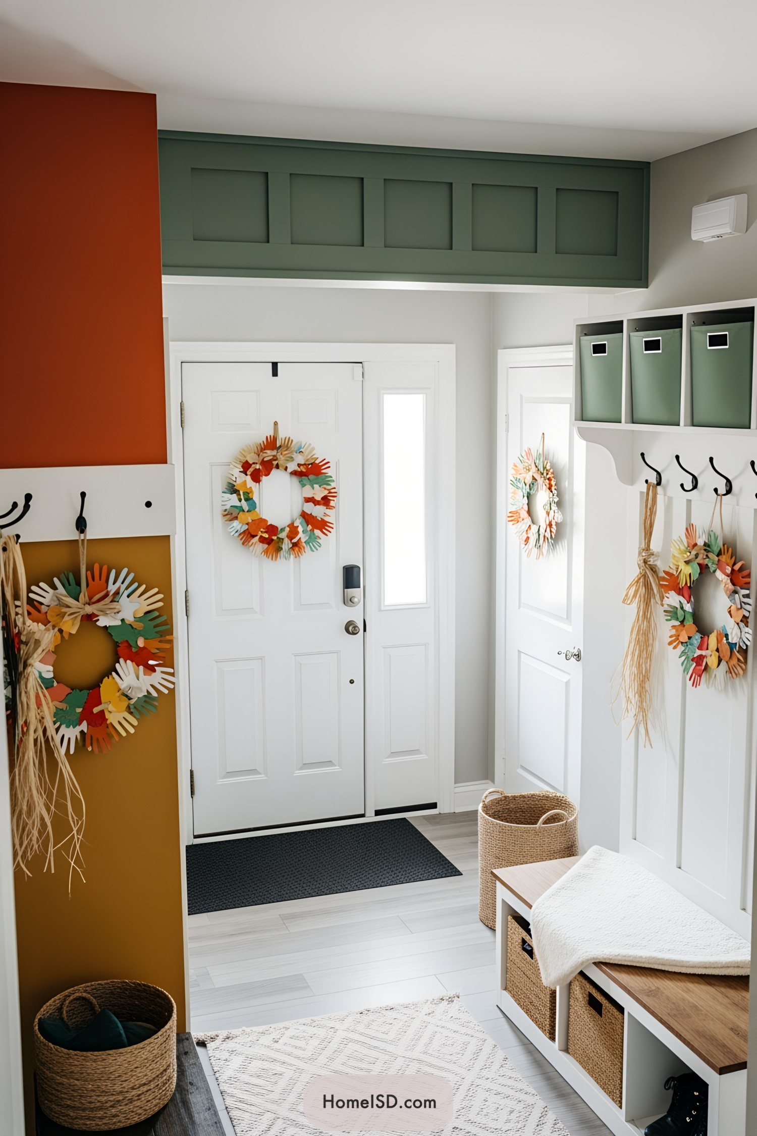 Colorful handprint wreaths adorning a cozy entryway