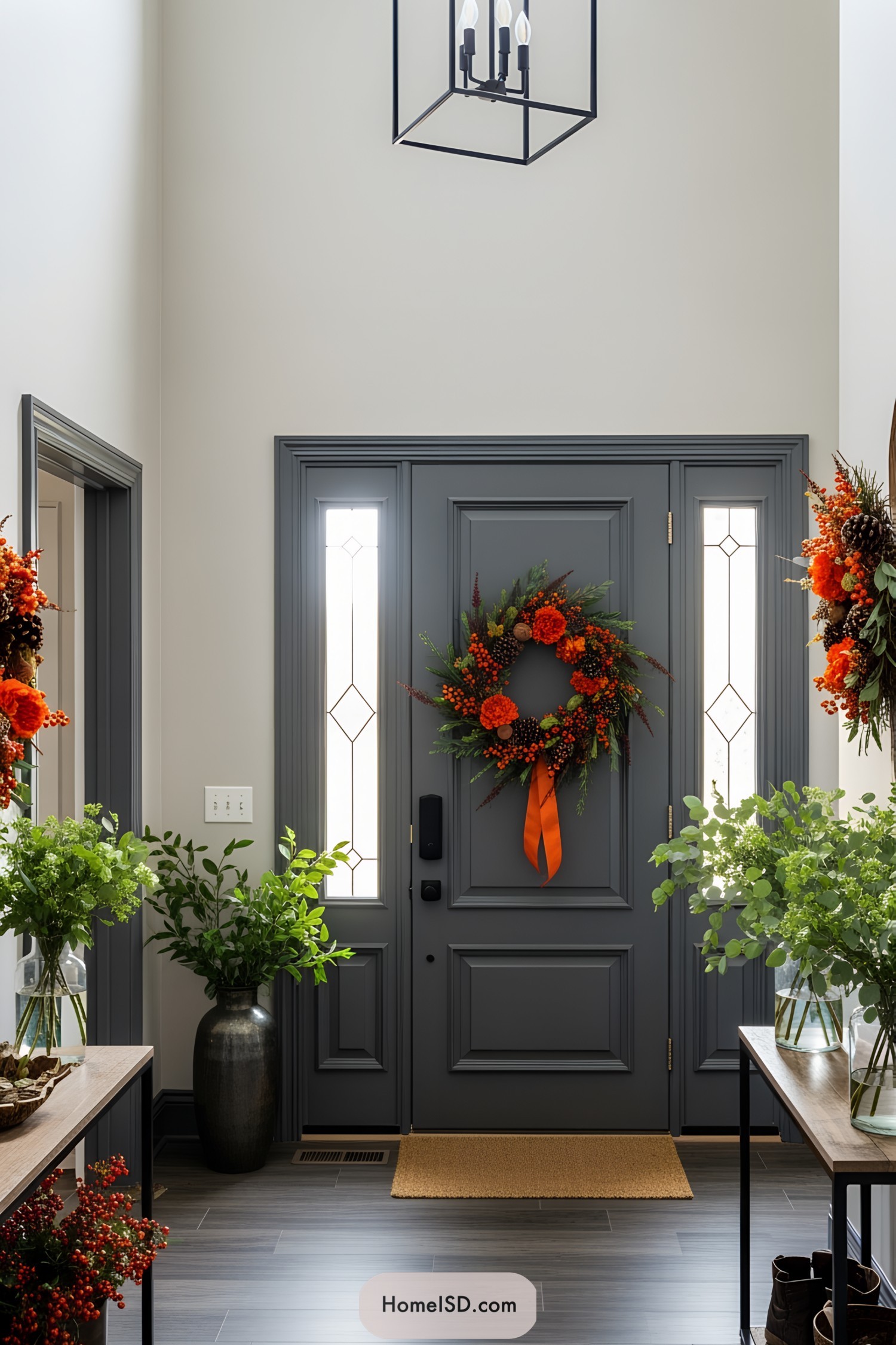 Thanksgiving-themed wreath adorns a blue-gray door