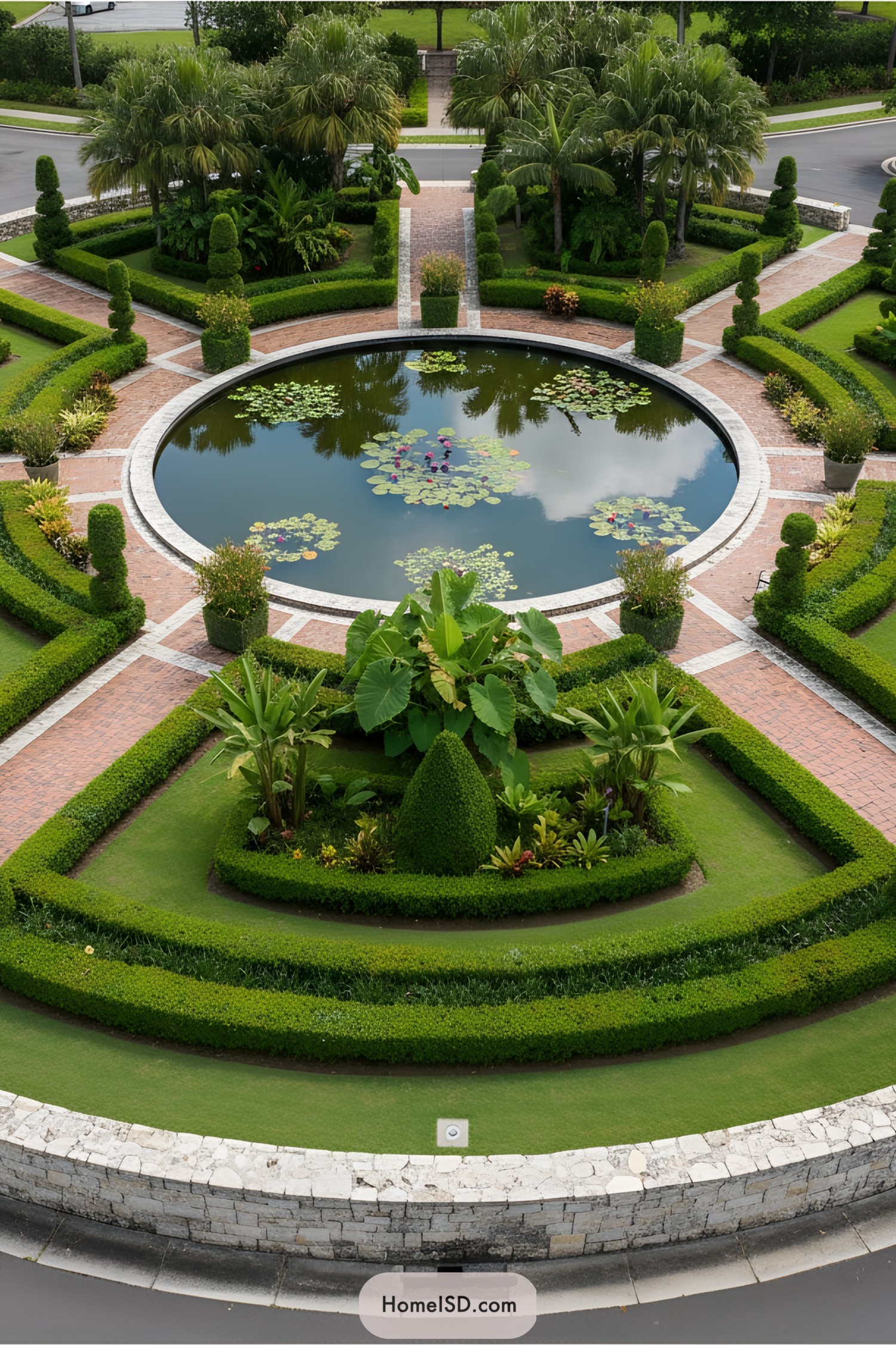 Circular pond with lily pads surrounded by manicured hedges and paths
