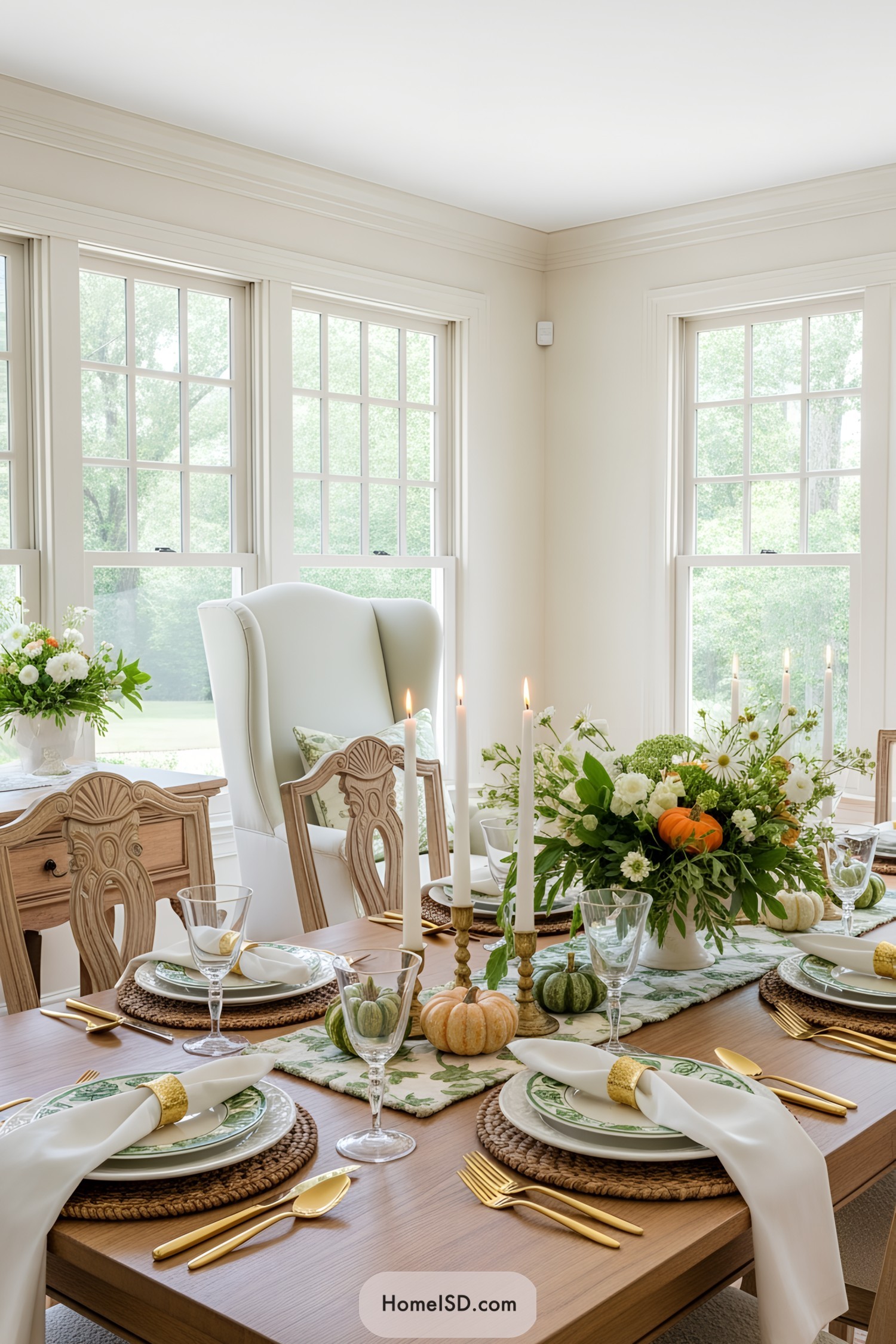 Elegant table with pumpkins and floral centerpiece