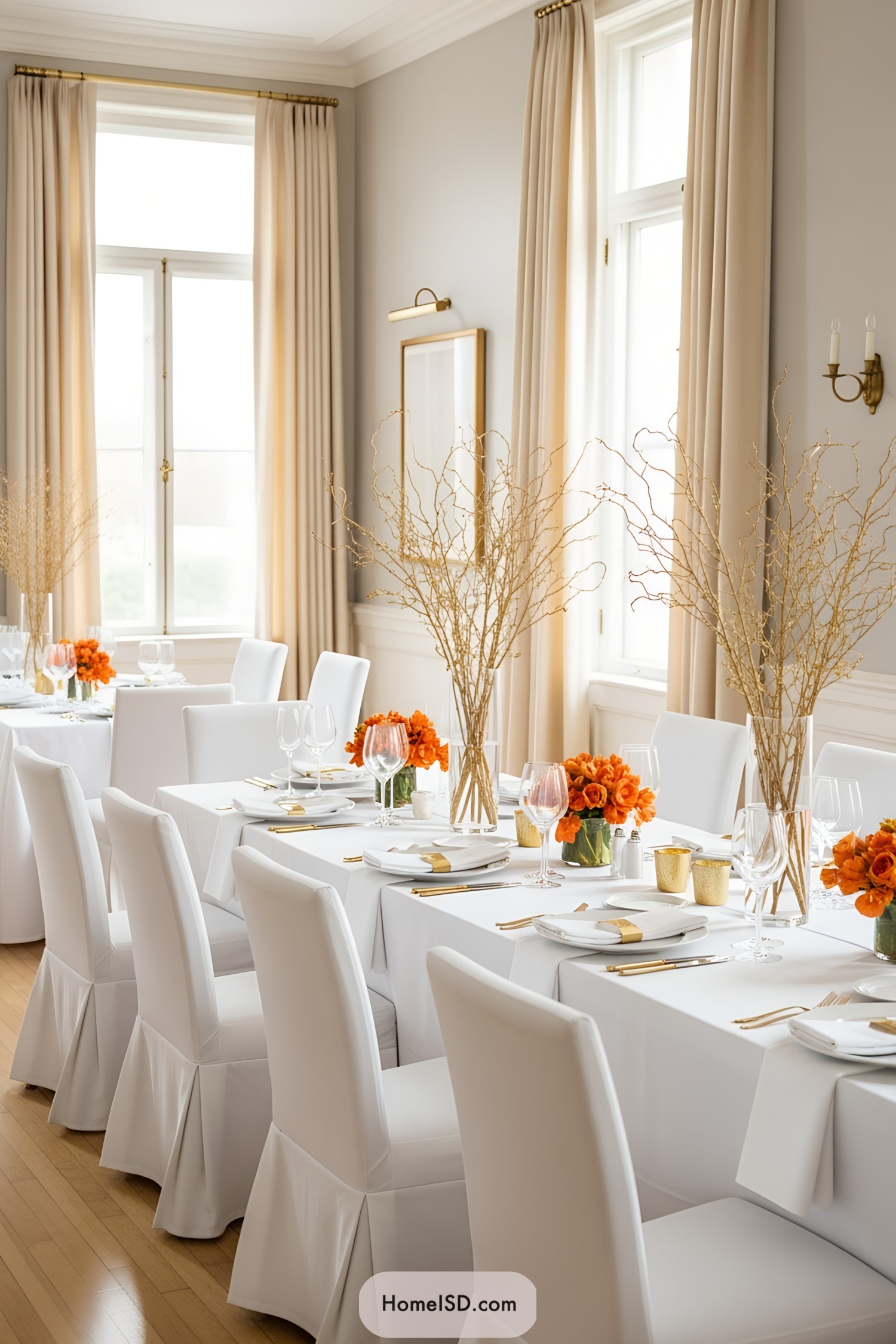 Elegant Thanksgiving table with white linens and orange florals