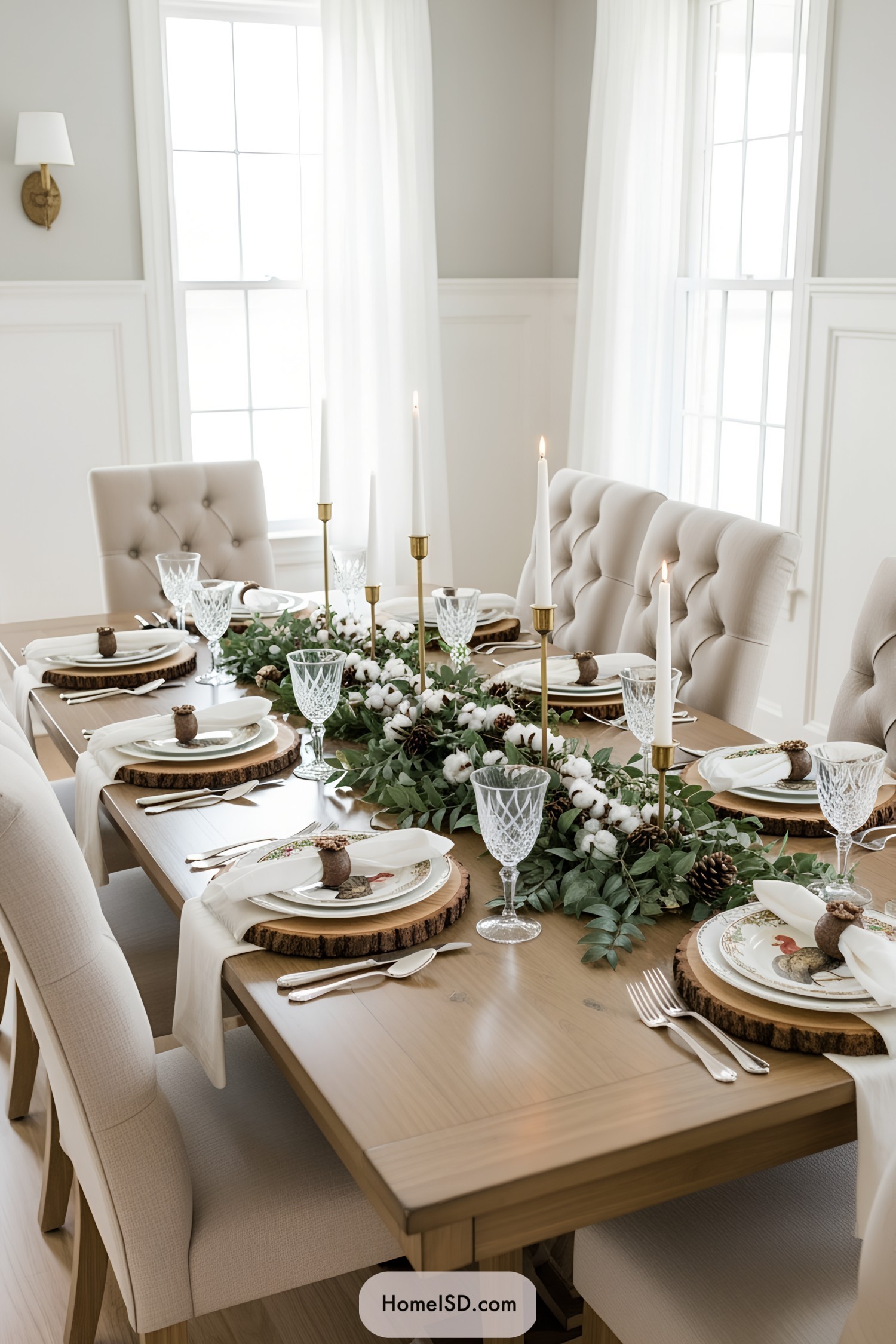 Elegant Thanksgiving table with rustic wood accents and greenery