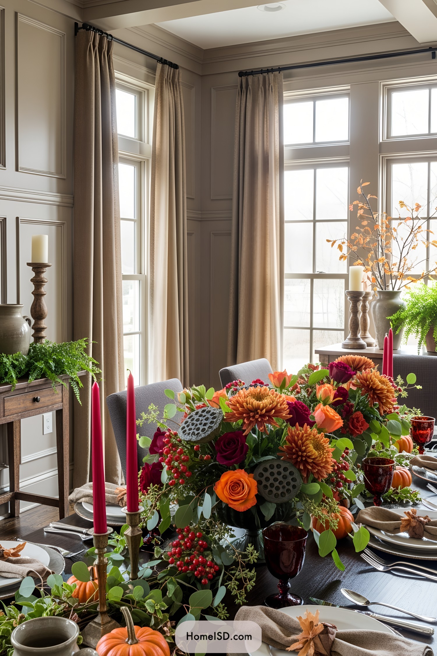 Thanksgiving table with vibrant floral centerpiece and candles