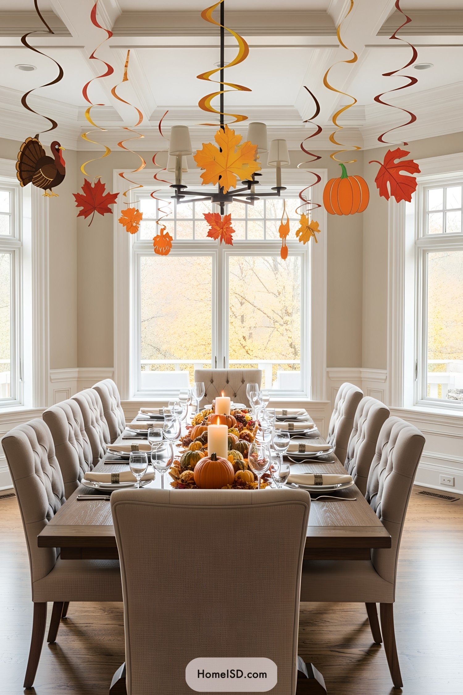 Elegant table setting with autumn leaves and pumpkins