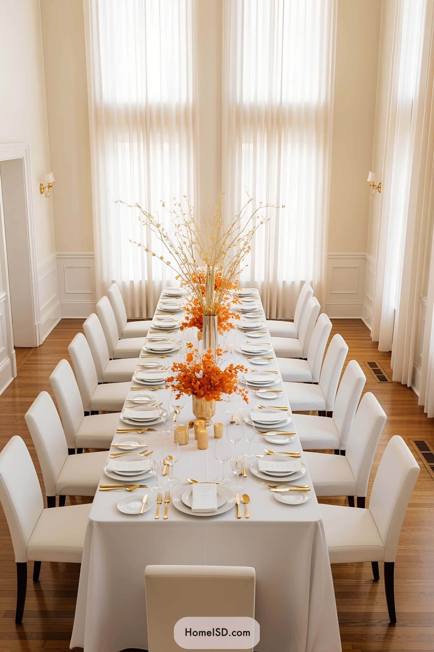 Elegant Thanksgiving table with golden accents and orange floral centerpiece