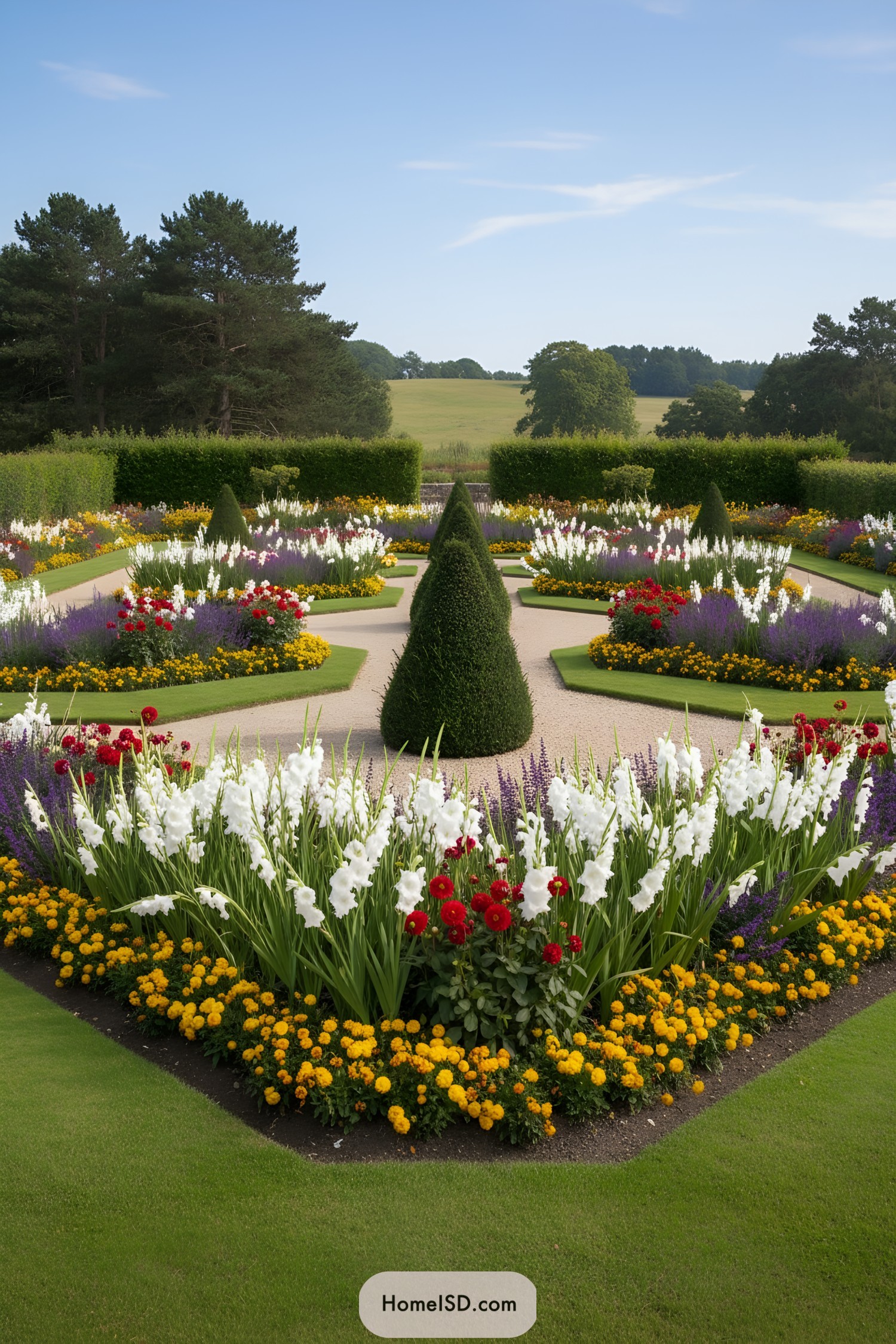 Formal flower garden with a structured, symmetrical layout, featuring vibrant beds of white gladiolus, red and white dahlias, clusters of yellow flowers, and purple sage. Tightly clipped dark green conical topiary forms a focal point amid densely planted perennials. Manicured lawn edges the flower beds, with naturalistic pine trees and a softly undulating grassy hill as the scenic backdrop. No visible furnishings or built structures.