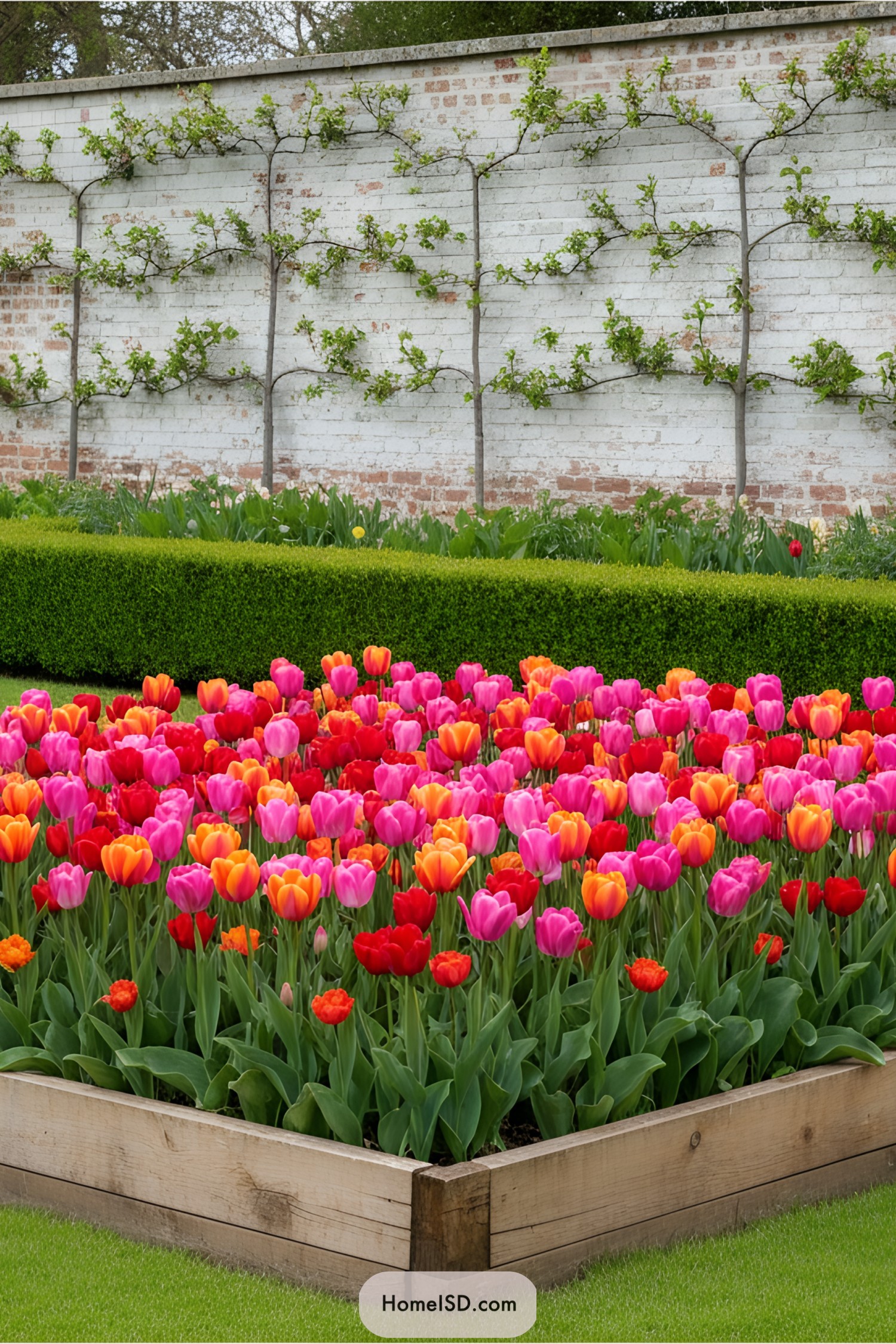 Vibrant tulips in a wooden garden bed with a textured wall behind