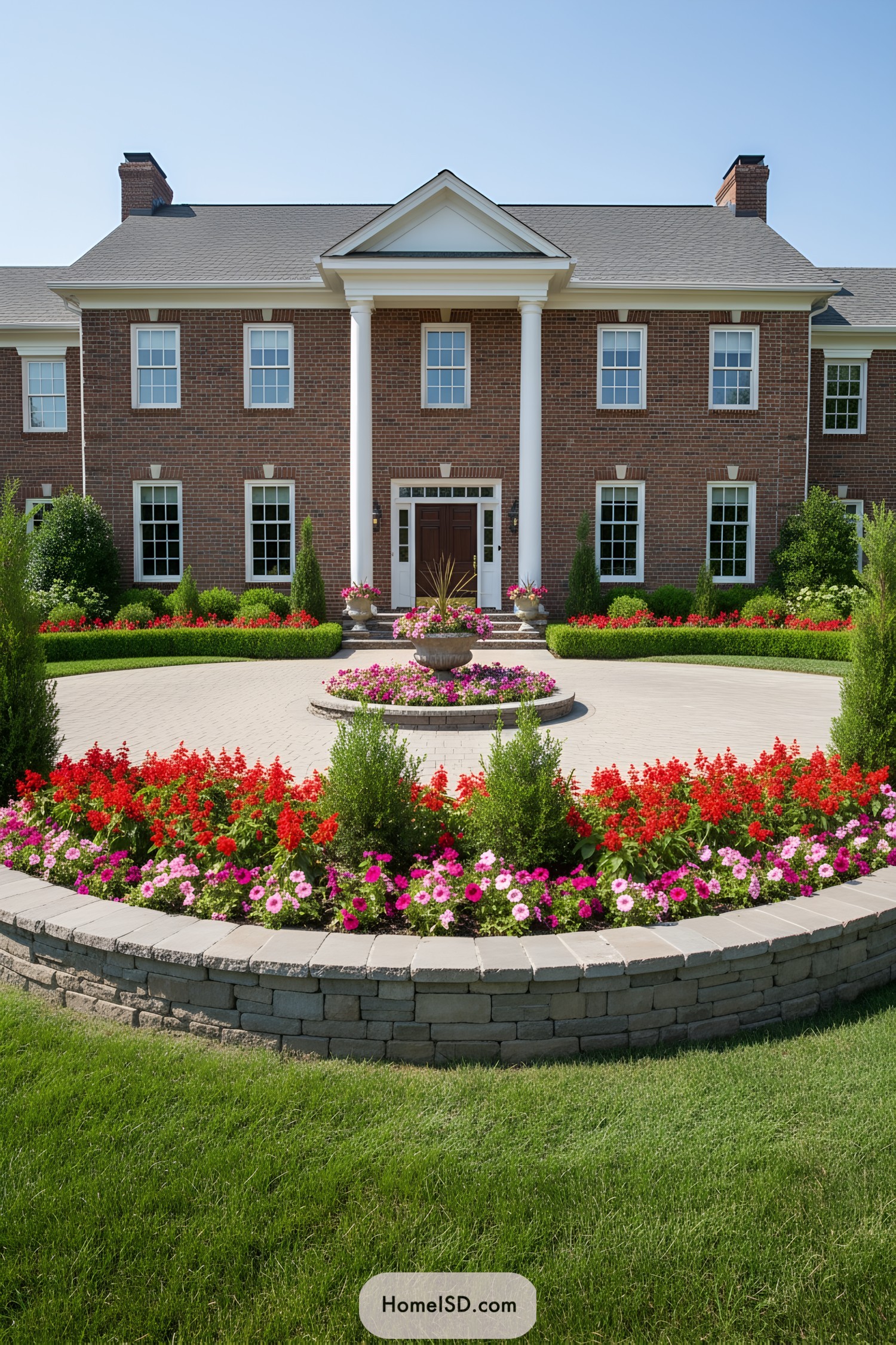 Grand house entrance with vibrant flower beds