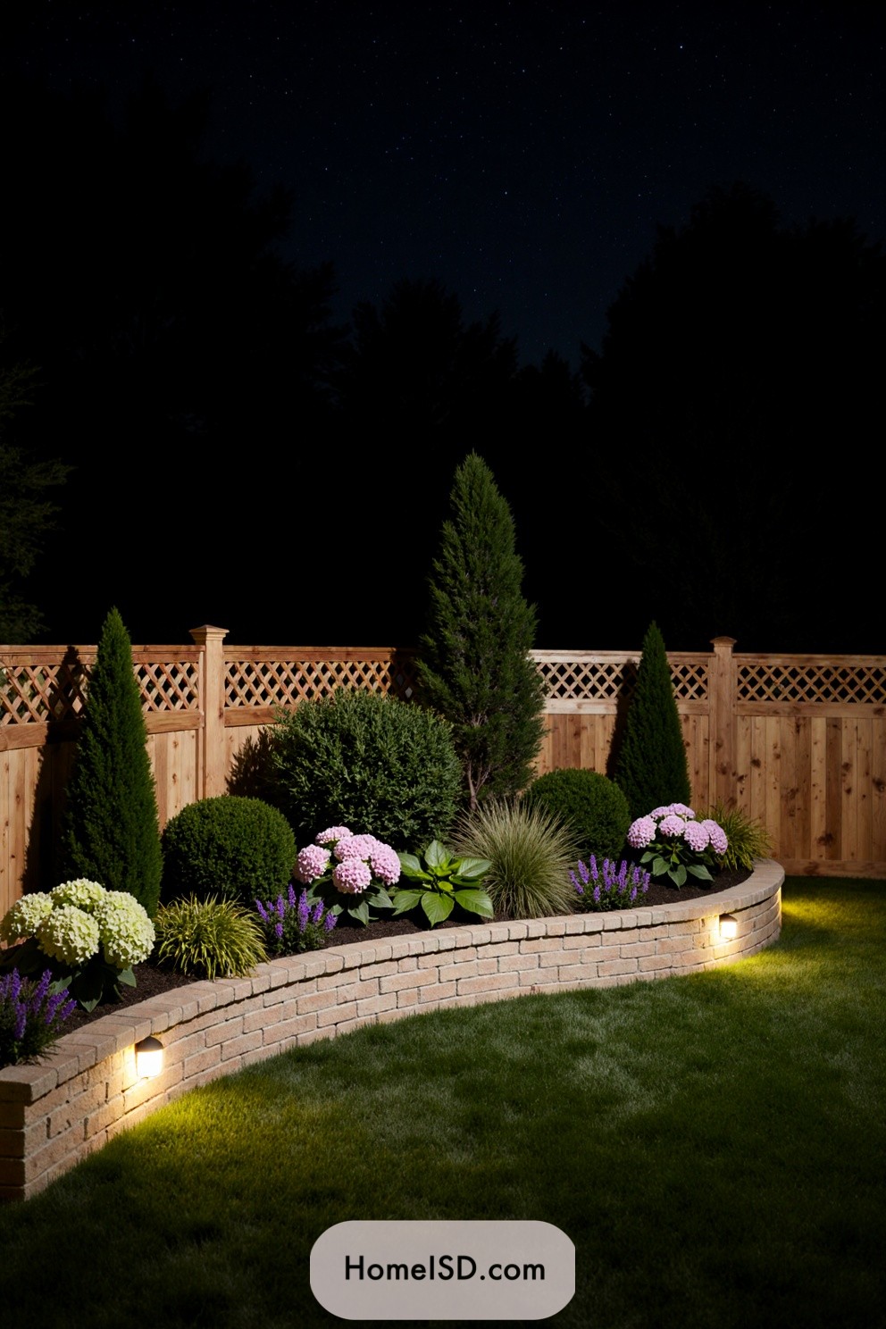 Night garden with lit stone wall and colorful flowers