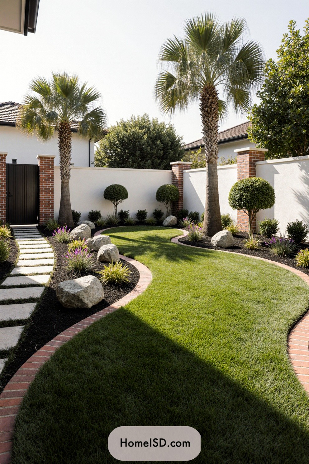 Sleek garden with elegant palm trees and manicured lawns