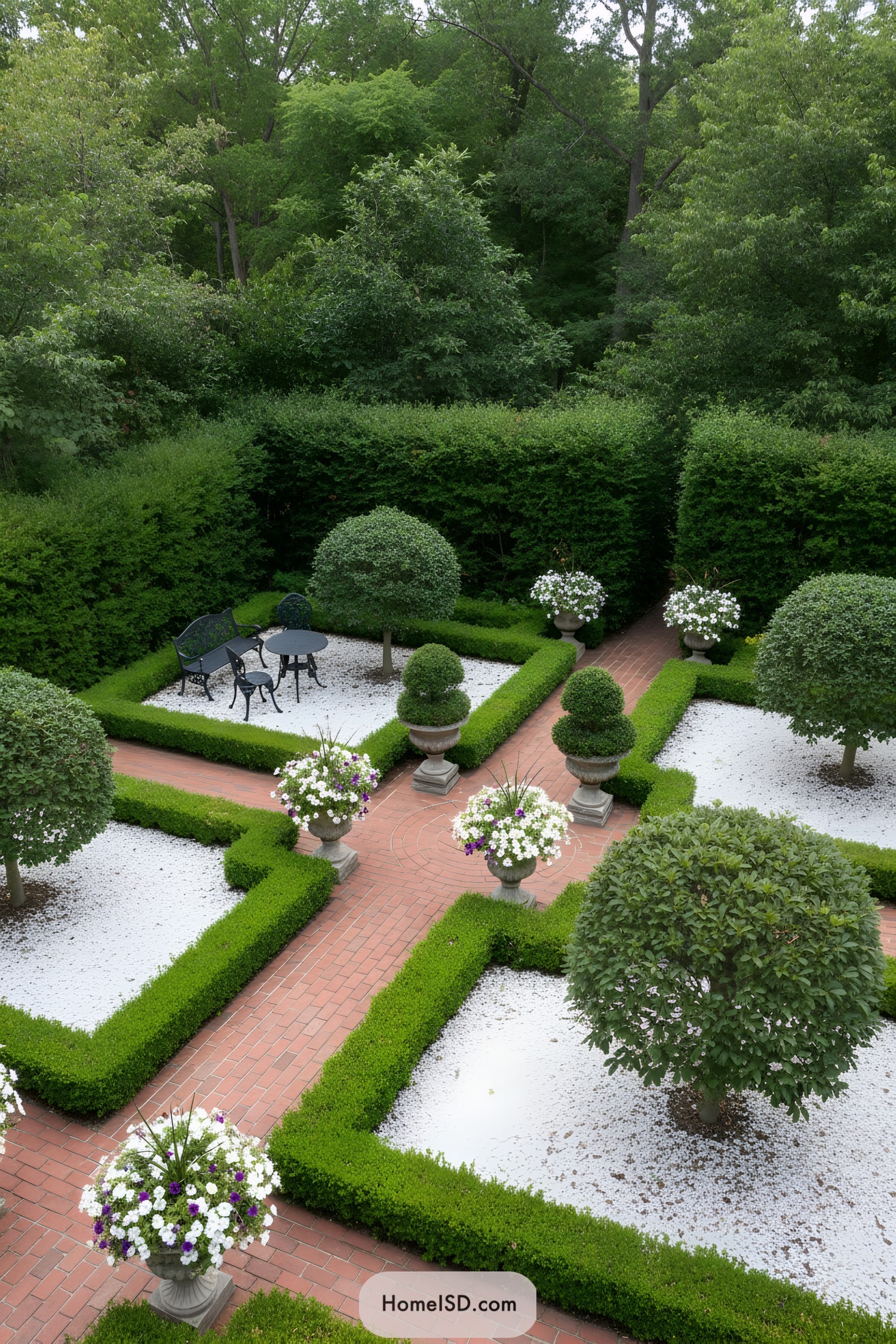 Manicured hedges and potted plants in a structured garden