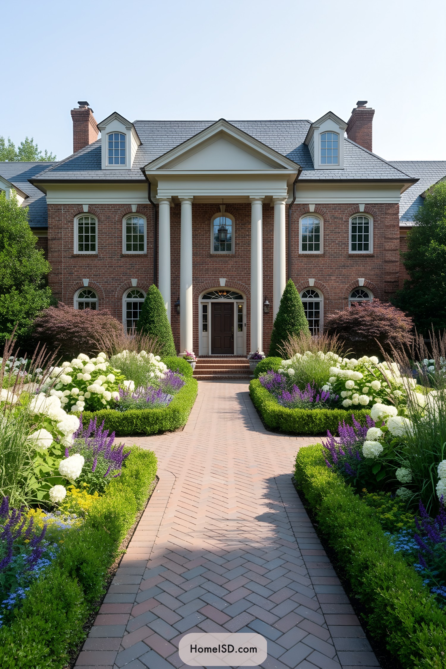 Brick house with columns and blooming front garden