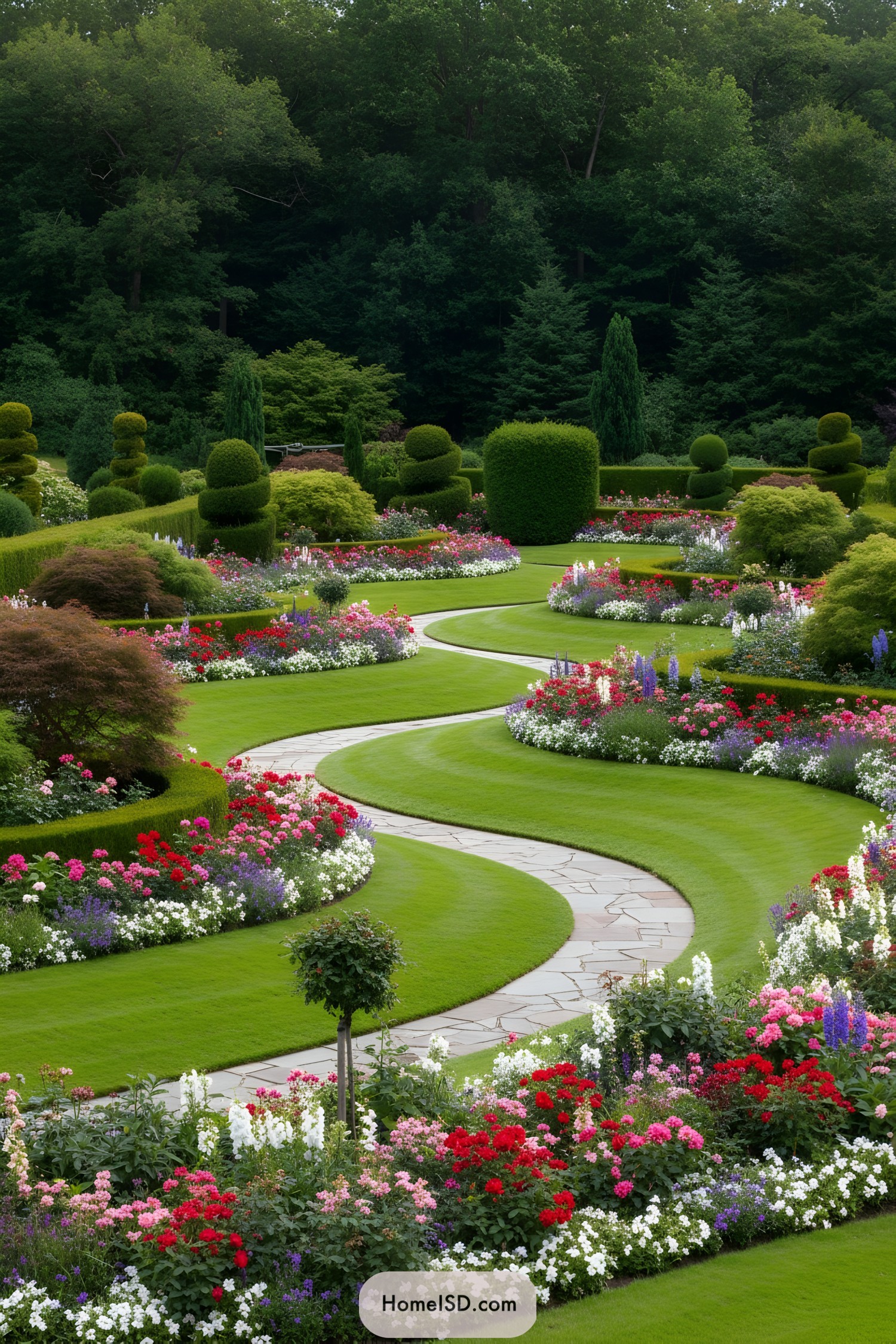 Winding path through lush floral gardens