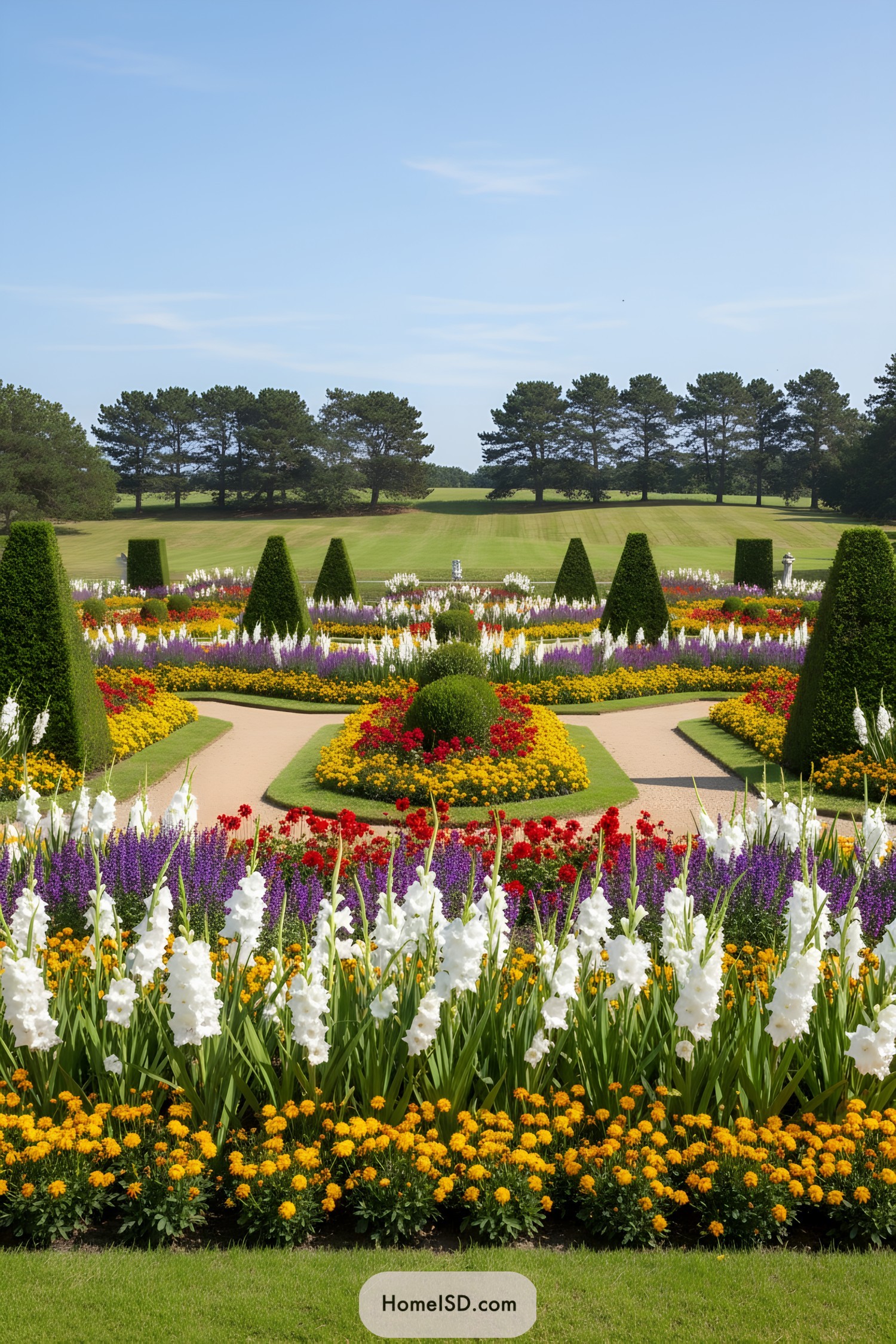 Vibrant and neatly arranged flower garden with creative topiaries