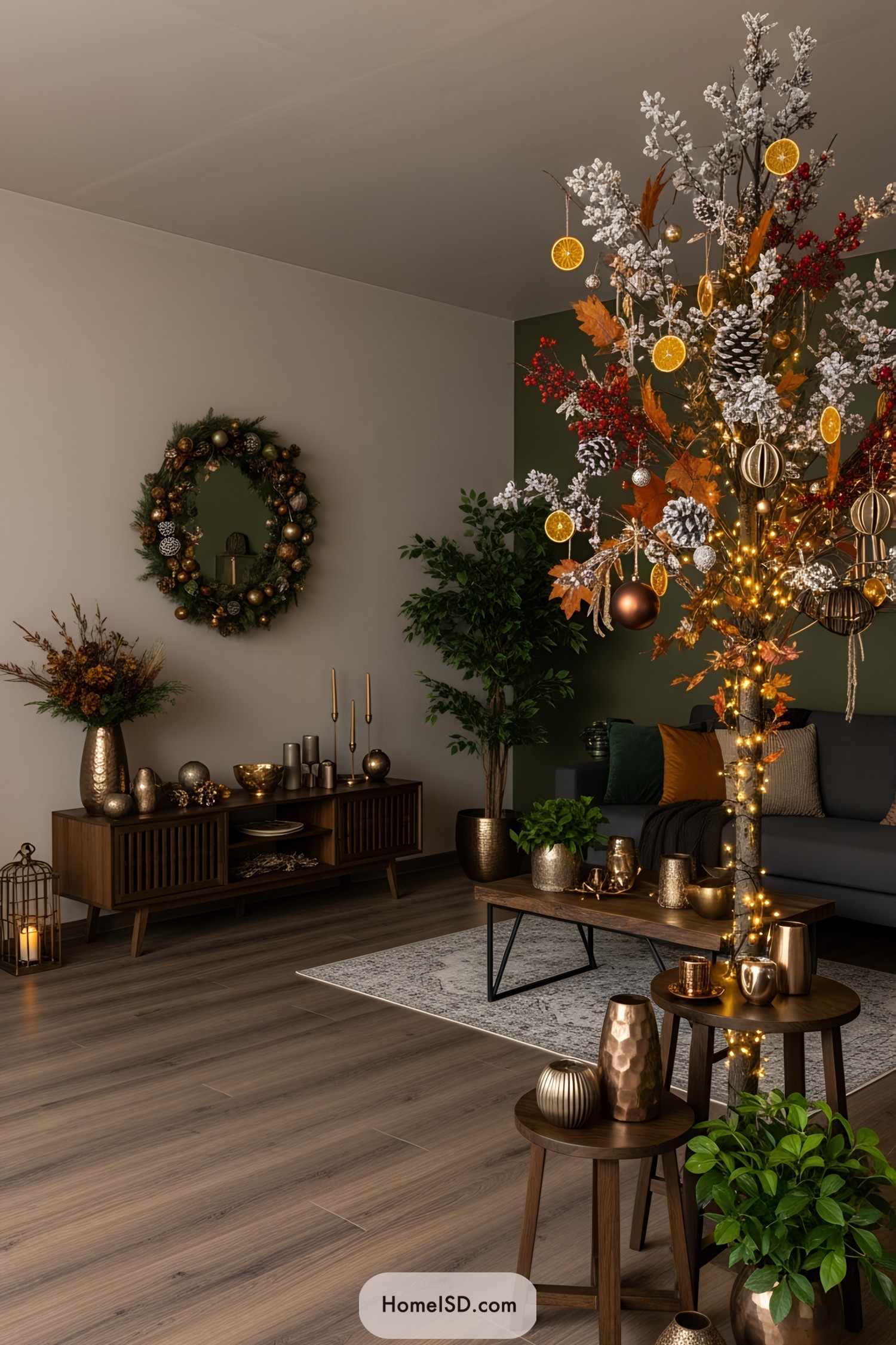 Decorated tree with autumnal elements in a cozy living room