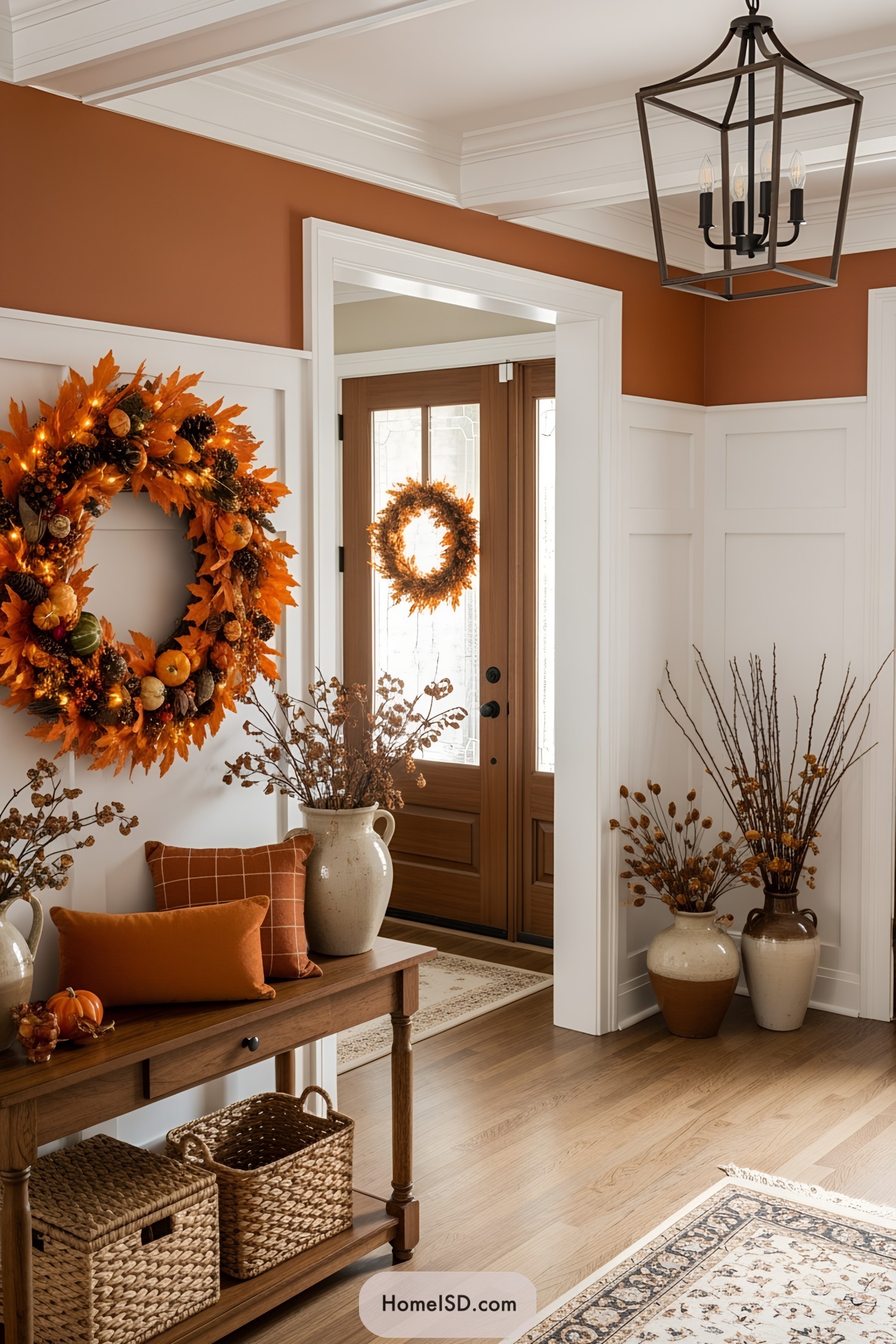 Festive wreaths adorn a cozy fall doorway