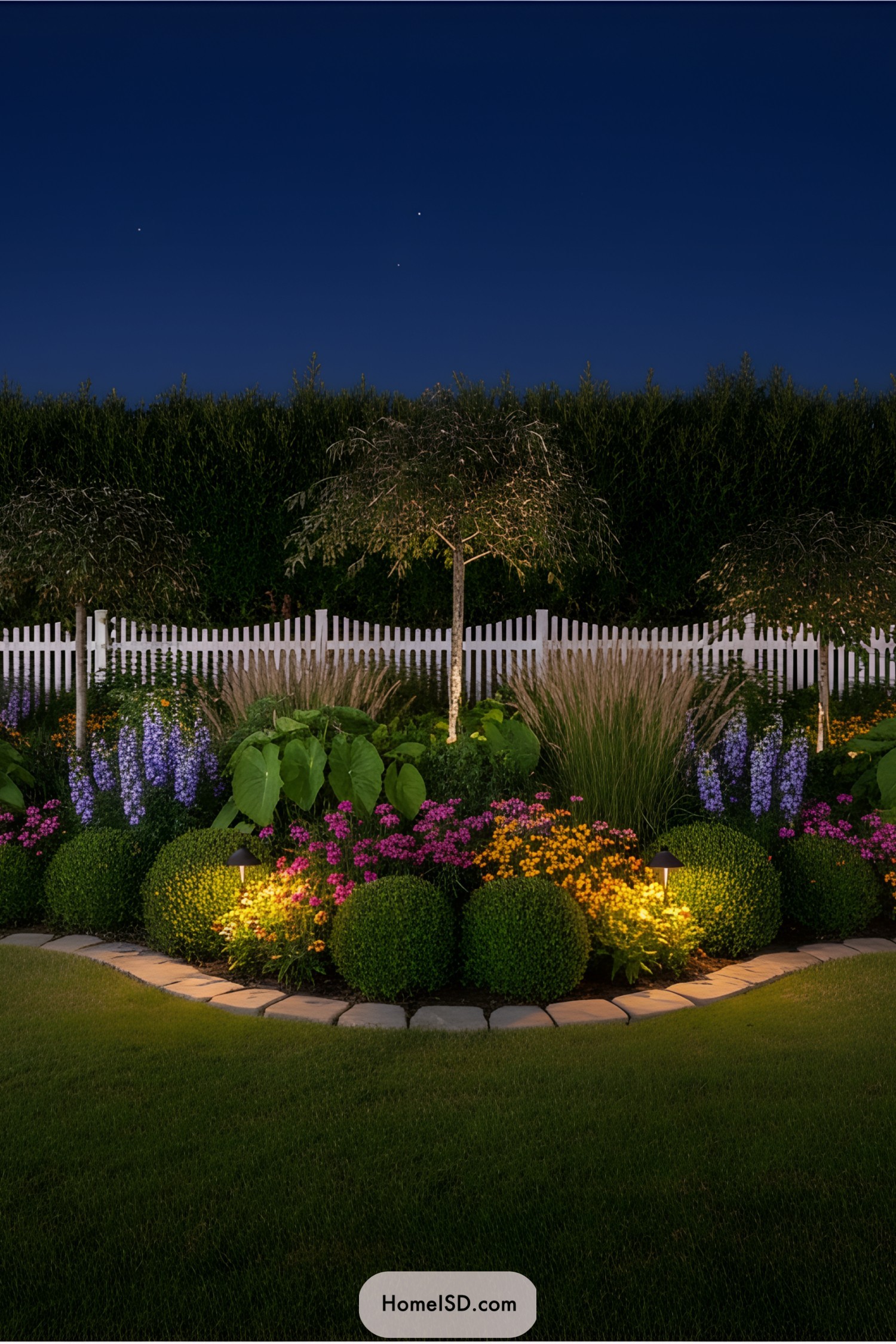 Illuminated garden with vibrant flowers and neat hedges