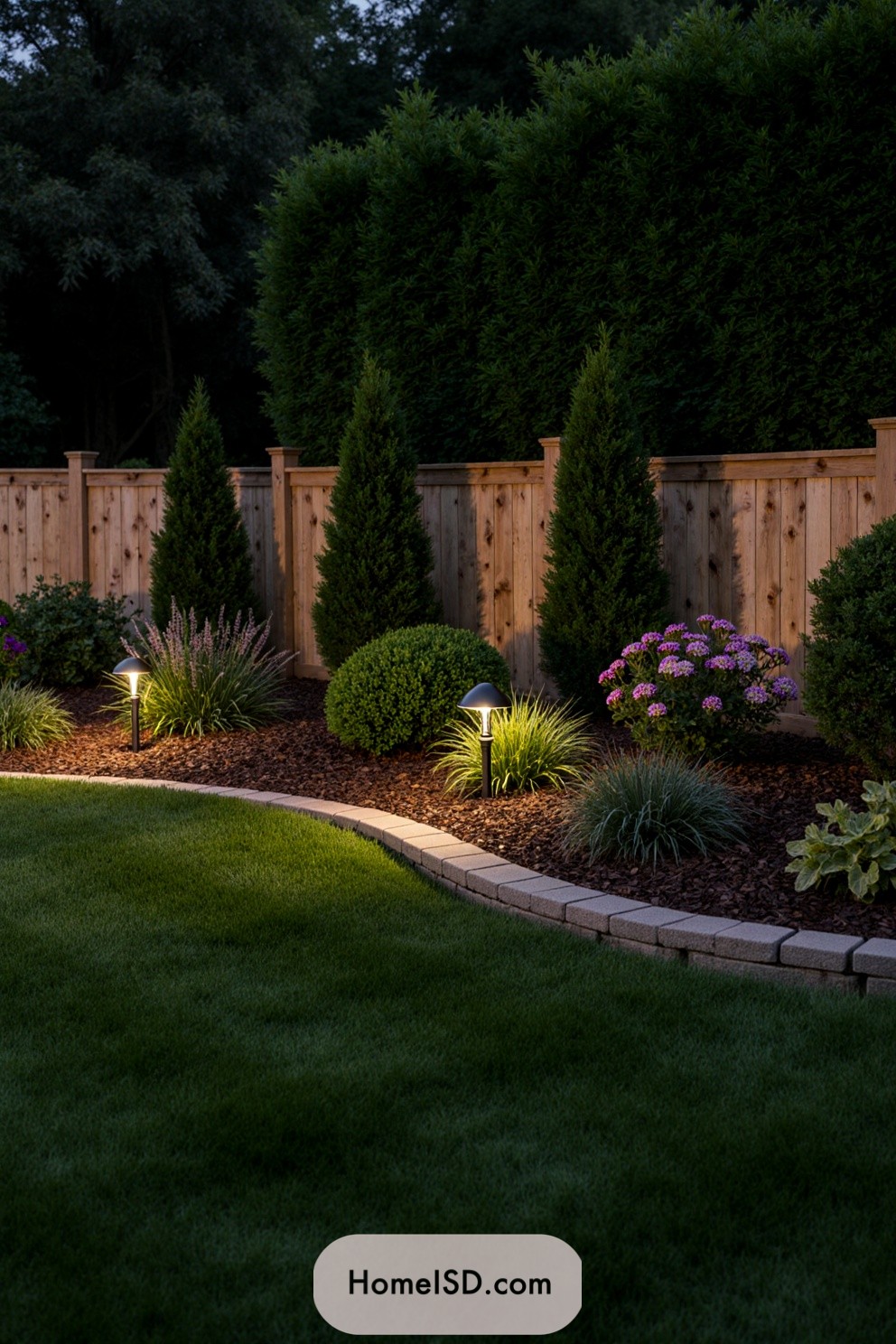 Beautifully lit garden pathway with bushes and vibrant flowers