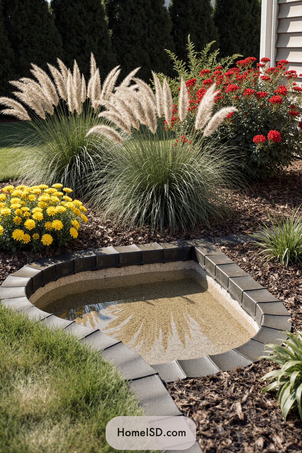 Small pond surrounded by lush grasses and colorful flowers