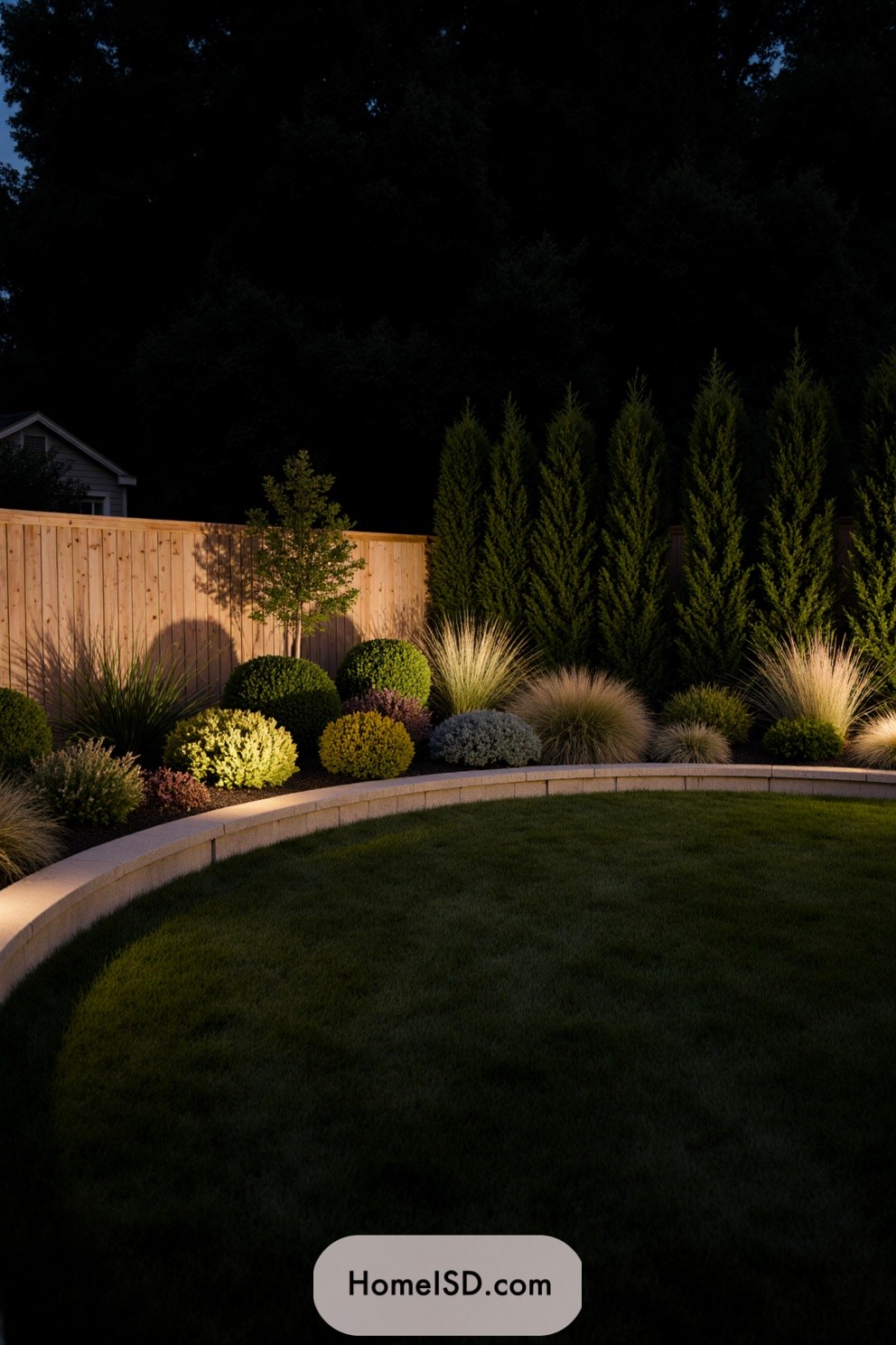 Garden illuminated with varied plants and trees at night