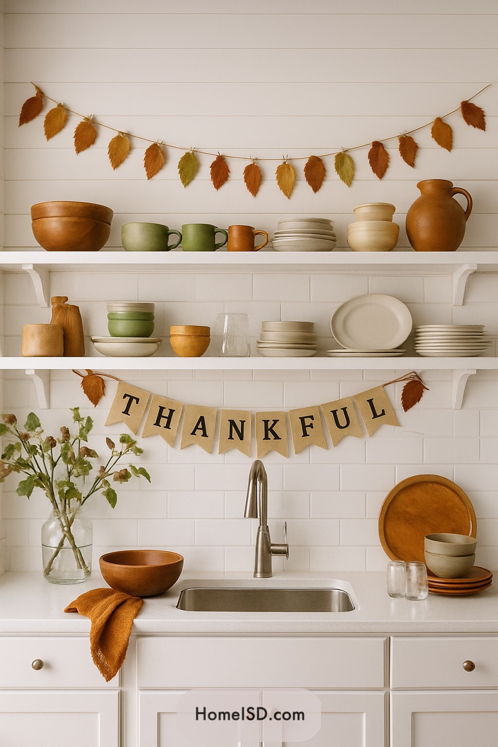Kitchen shelves with a thankful banner and fall decor