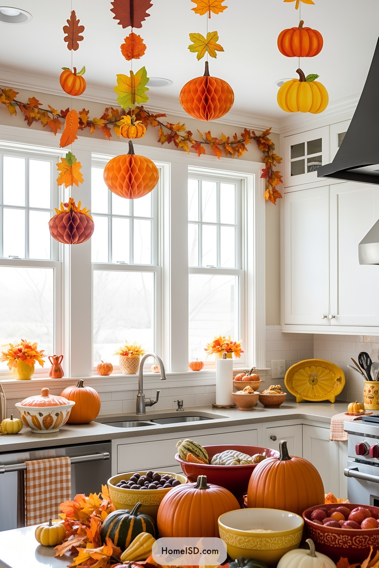 Kitchen decked with paper pumpkins and autumn leaves