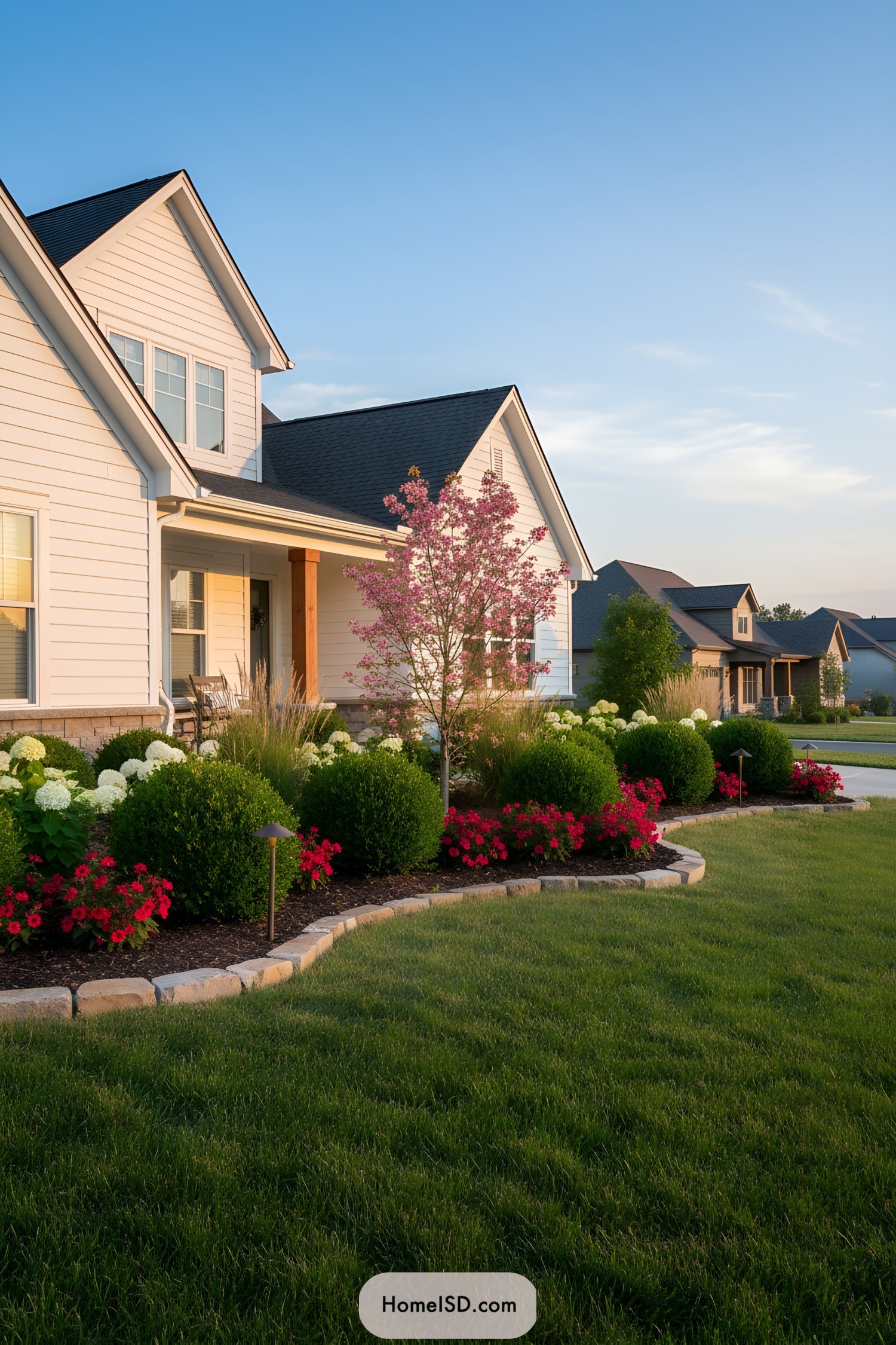Charming front yard with vibrant flower beds and manicured lawn