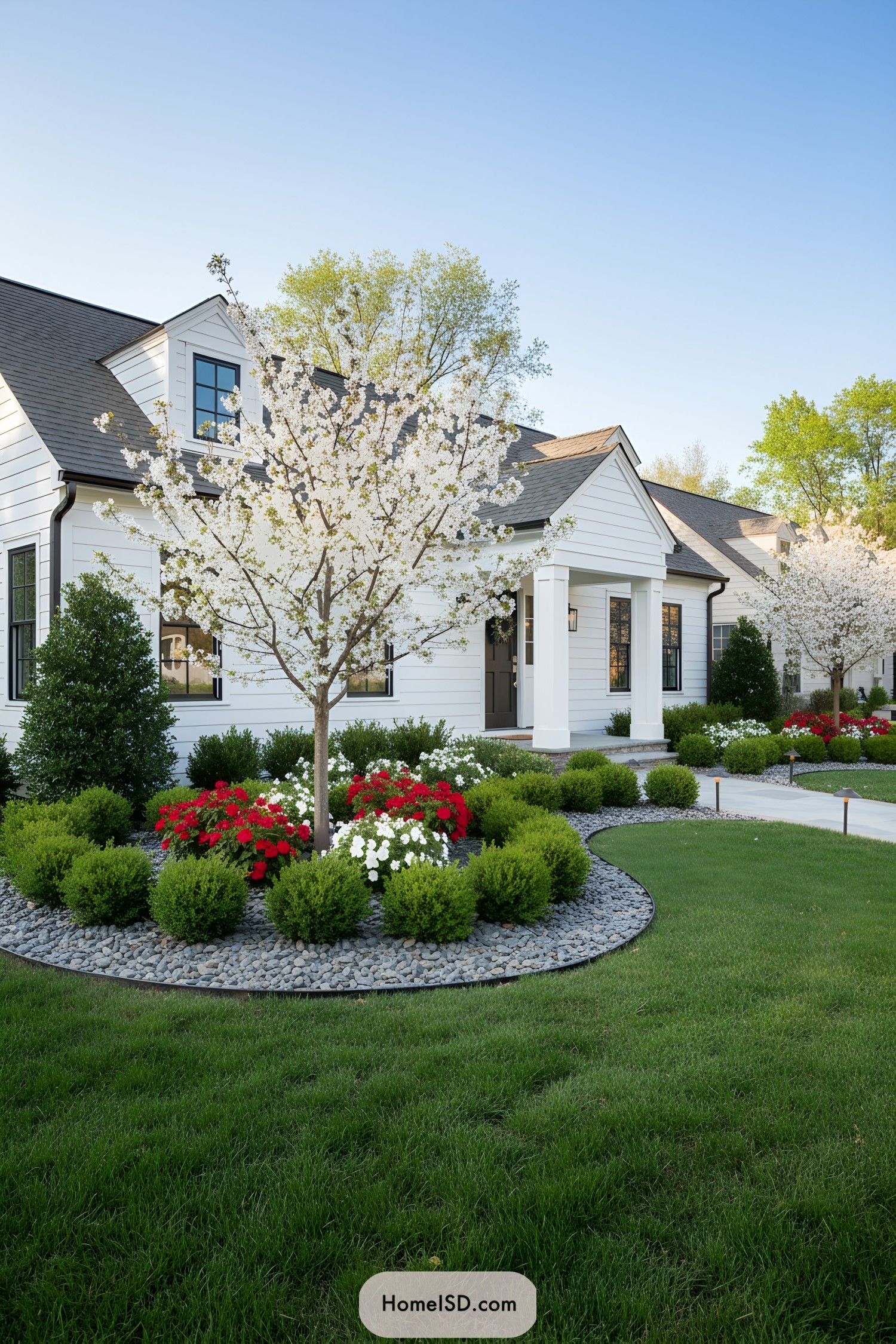 Landscape design front of house with a clean, manicured aesthetic and defined garden bed curving along the facade. Includes neatly trimmed green shrubs, a blooming white flowering tree as a focal point, accent clusters of red and white flowering plants, and small decorative rocks. Single-story white house with dark trim and a gabled porch roof provides a crisp, modern architectural backdrop. Low-level pathway lighting enhances visibility and highlights the garden’s structure. Lawn and neighboring homes visible in background.