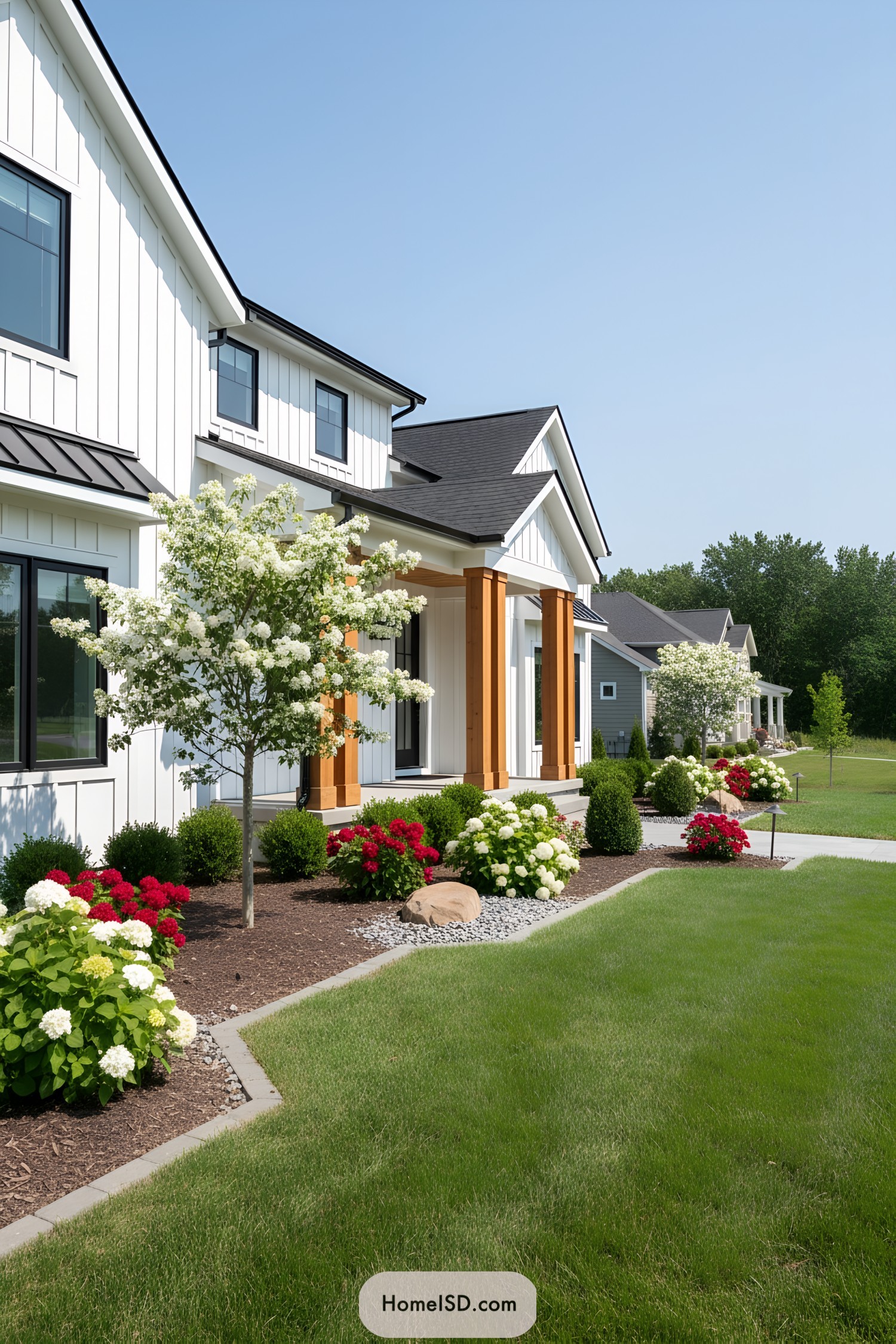 Front yard with colorful flowers and tidy shrubs