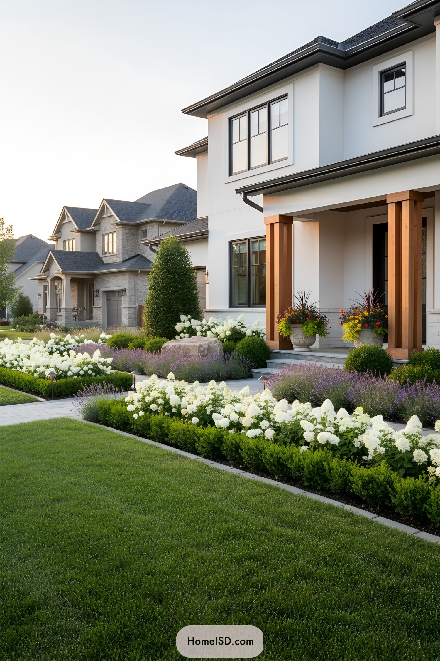 Front yard with blooming white hydrangeas and lush greenery