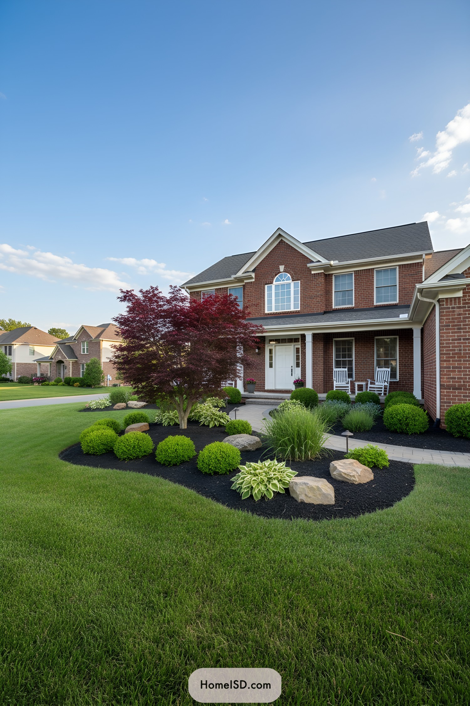 Lush lawn with bushes and a vibrant tree in front of a brick house