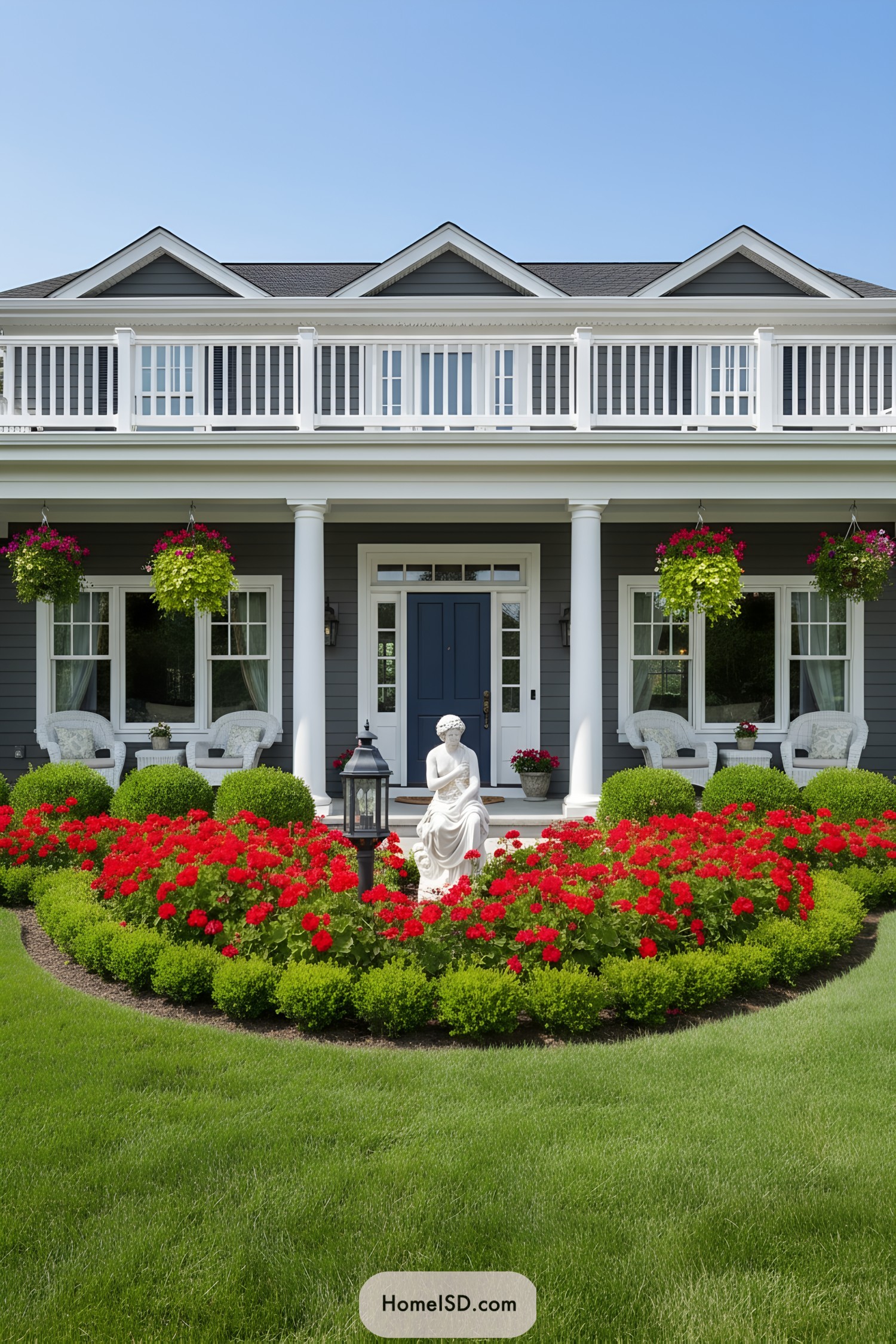 Neat garden with red flowers and a statue in front of a house