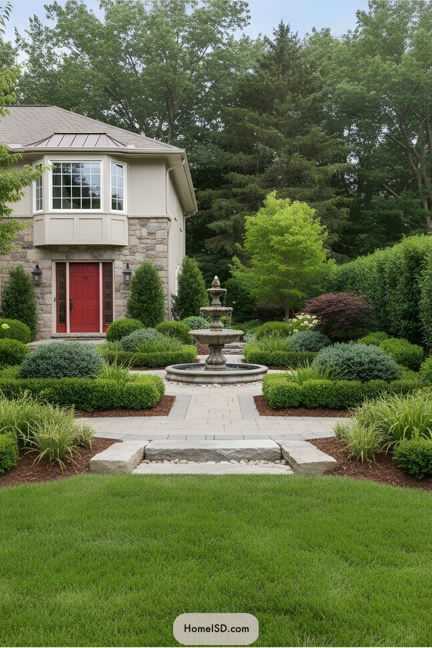 Front yard with a centerpiece fountain and meticulous landscaping