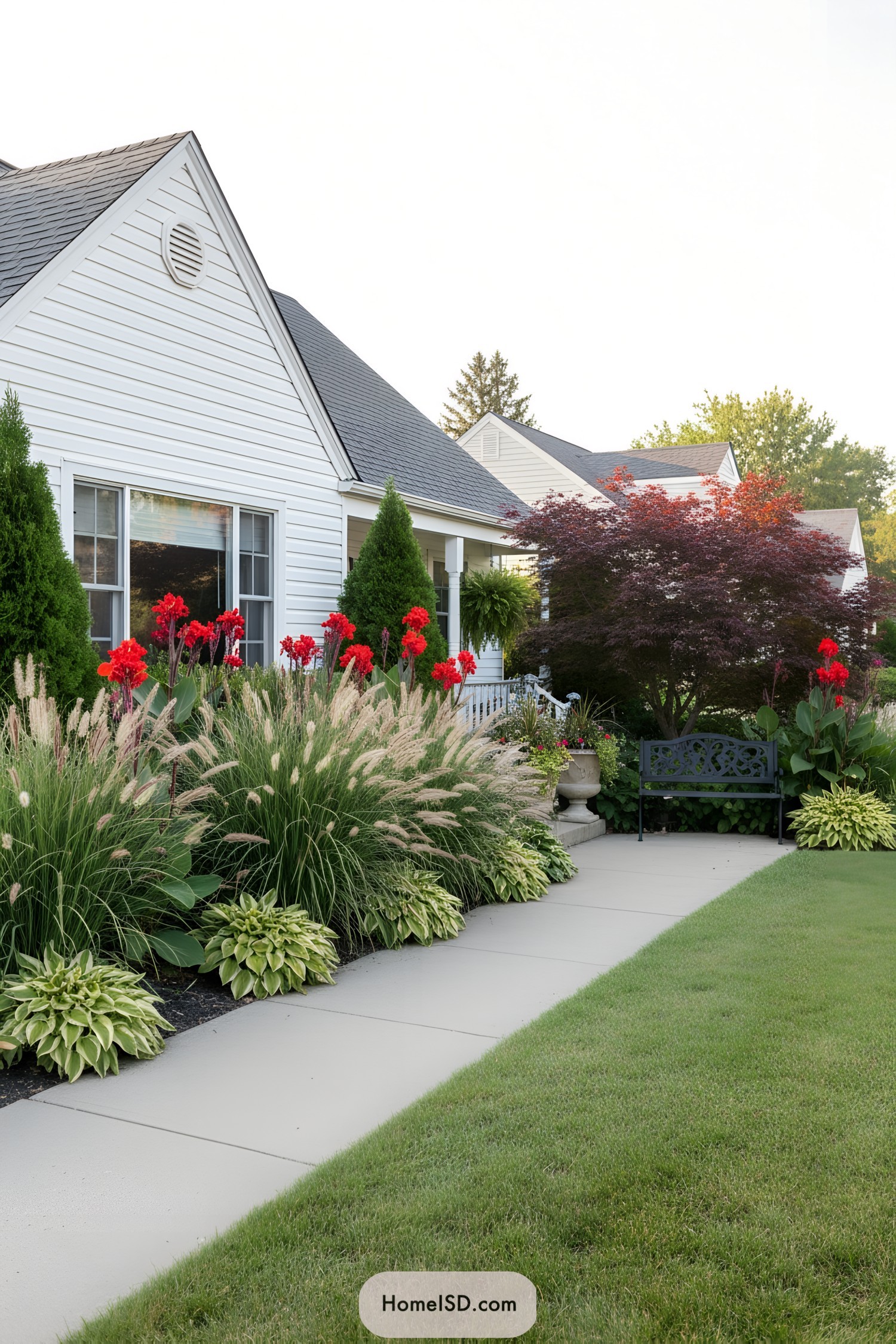 Front yard with vibrant red and green landscaping