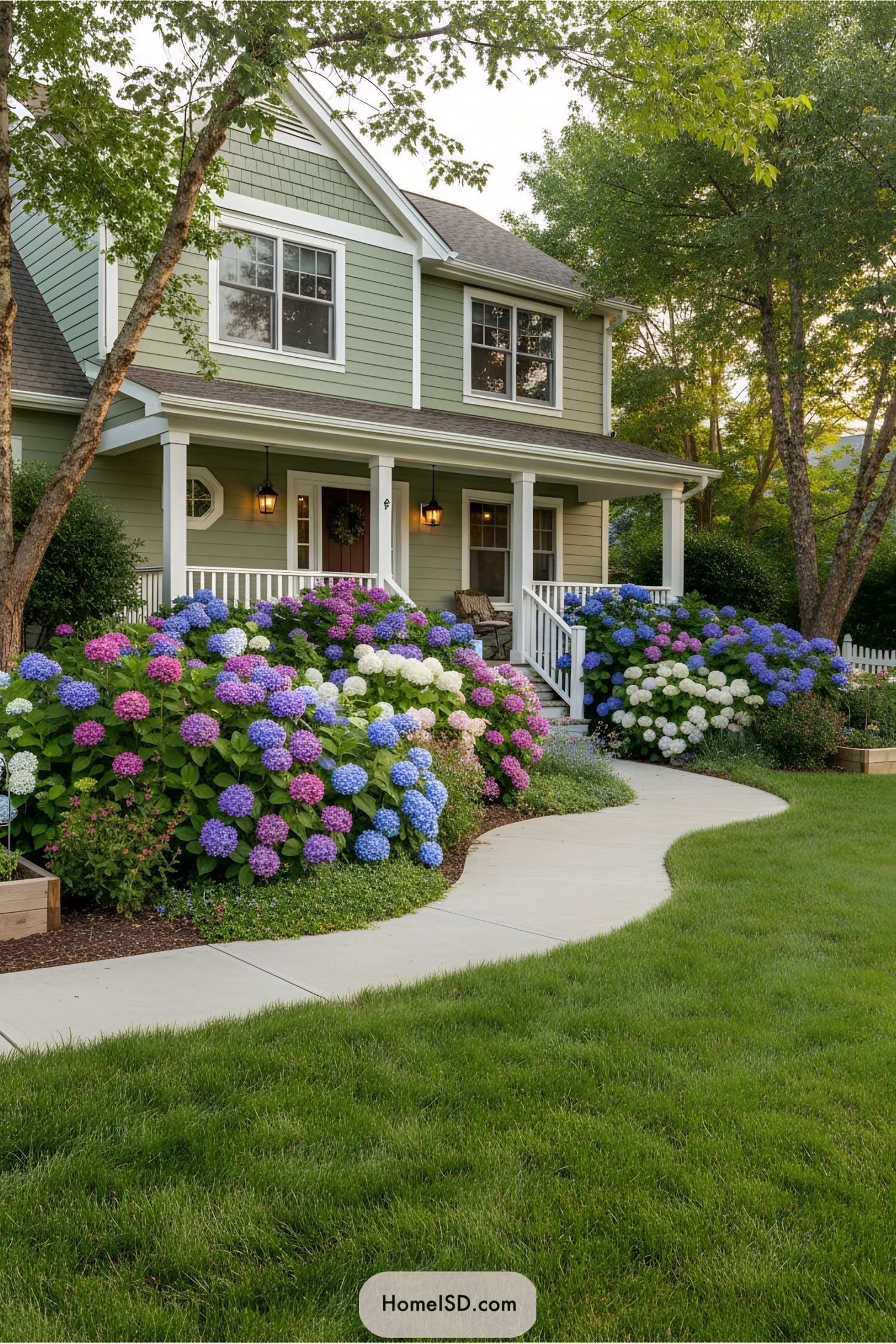 Colorful hydrangeas line the walkway to a charming porch