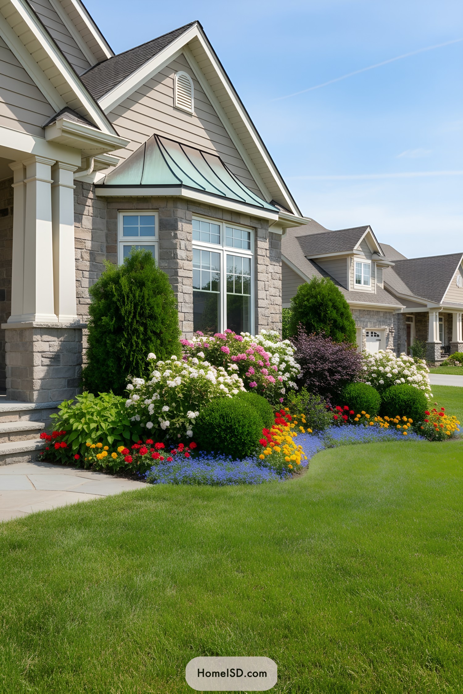 Lush garden with brightly colored flowers and shrubs near a modern house