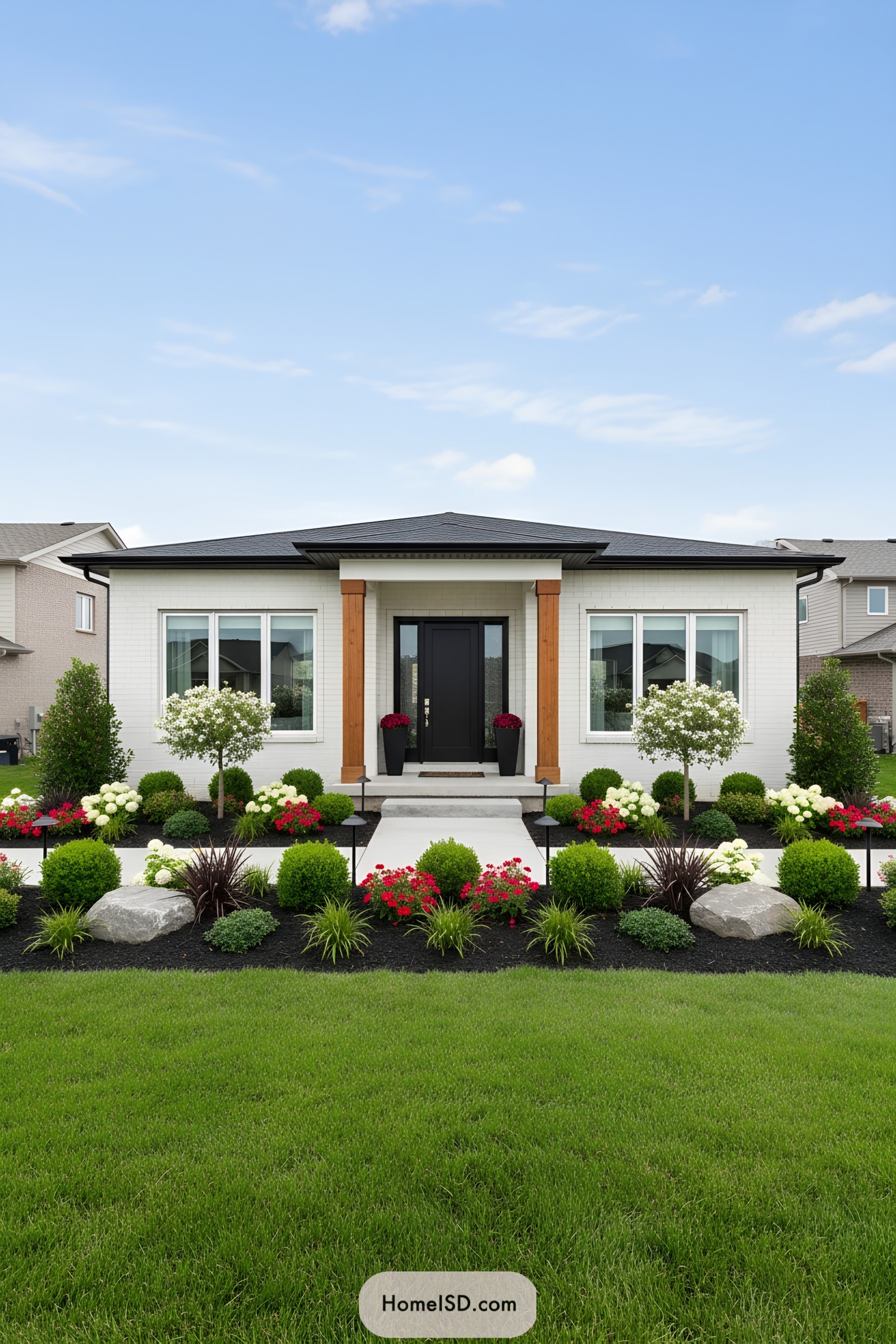 Modern front yard with manicured shrubs and colorful flowers