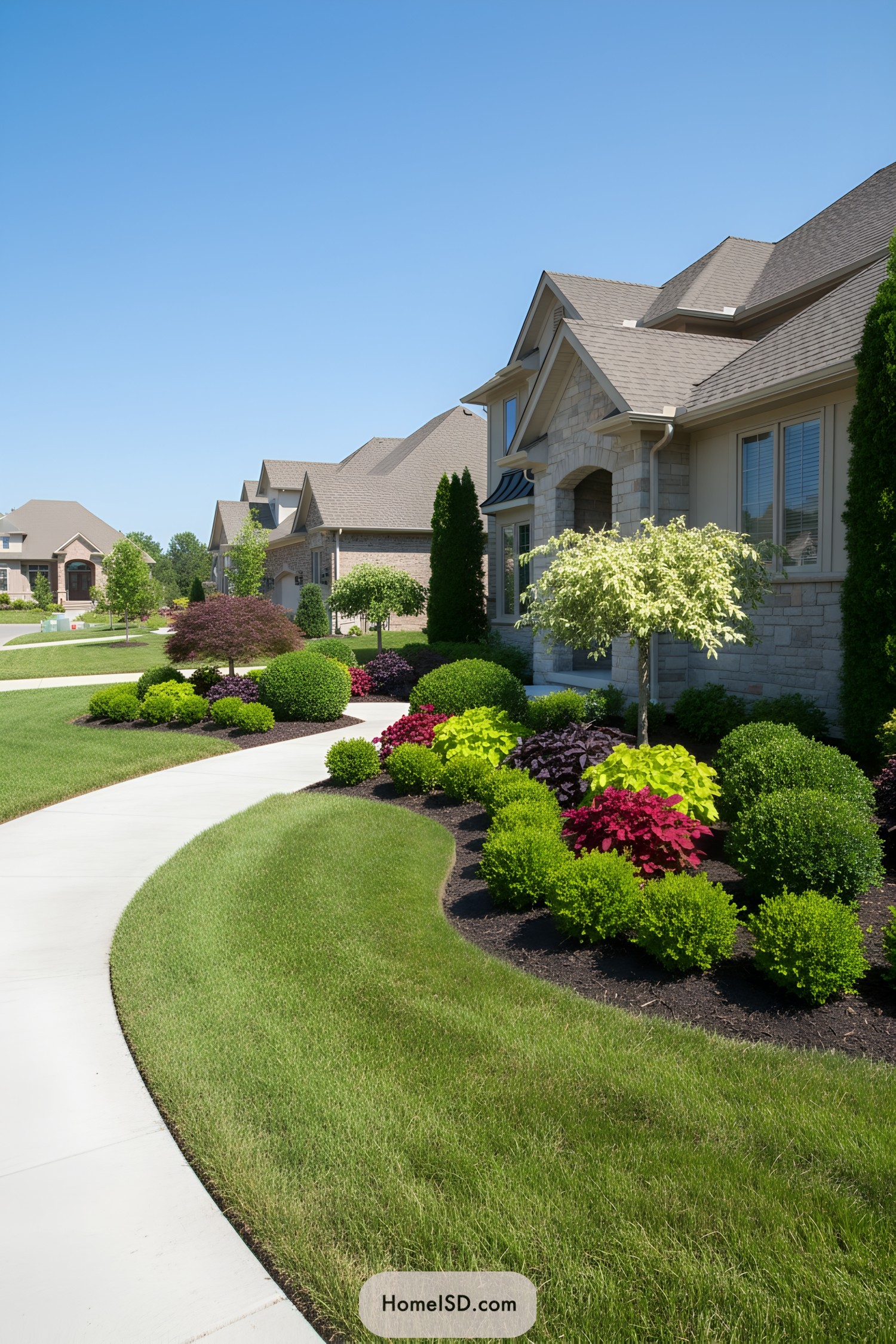Front yard with neatly trimmed shrubs and a stylish, winding walkway