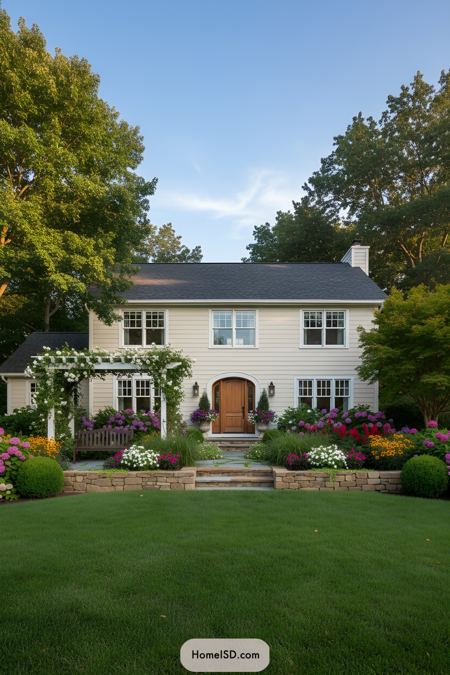 Charming front yard with diverse flowers and greenery