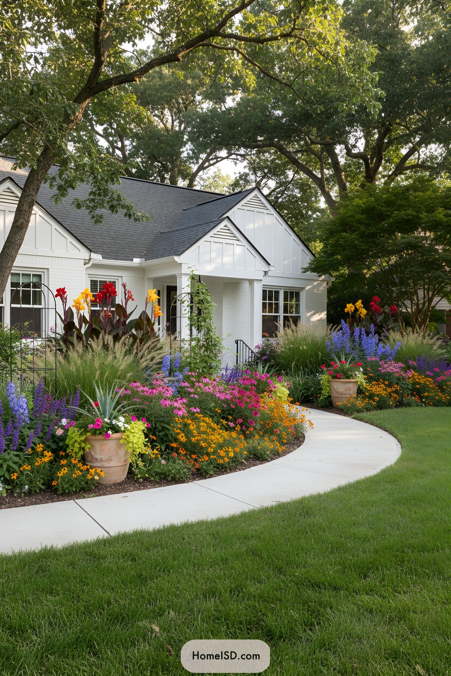 A vibrant garden with diverse flowers and a curved pathway