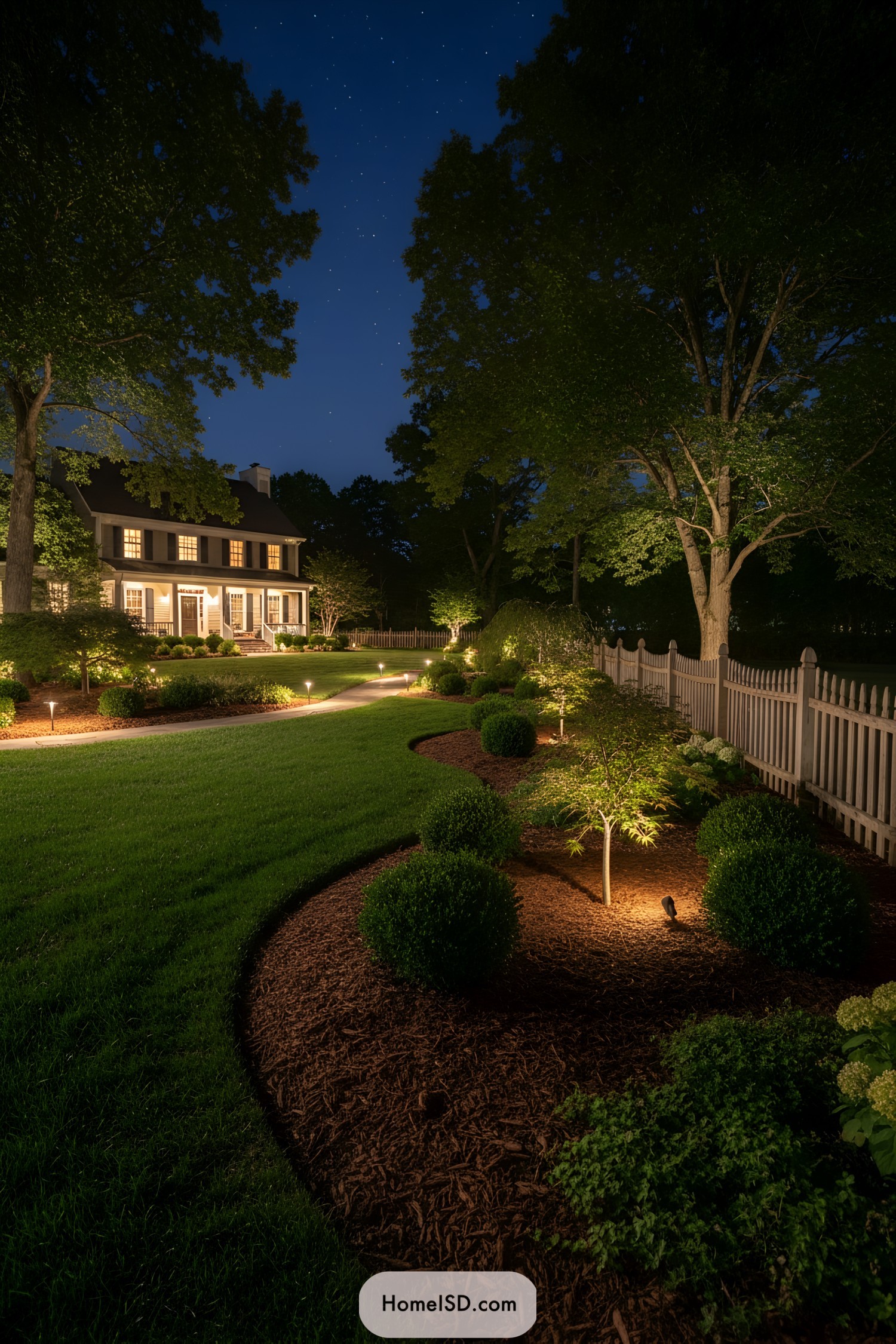 Beautifully lit garden with a cozy house in the background