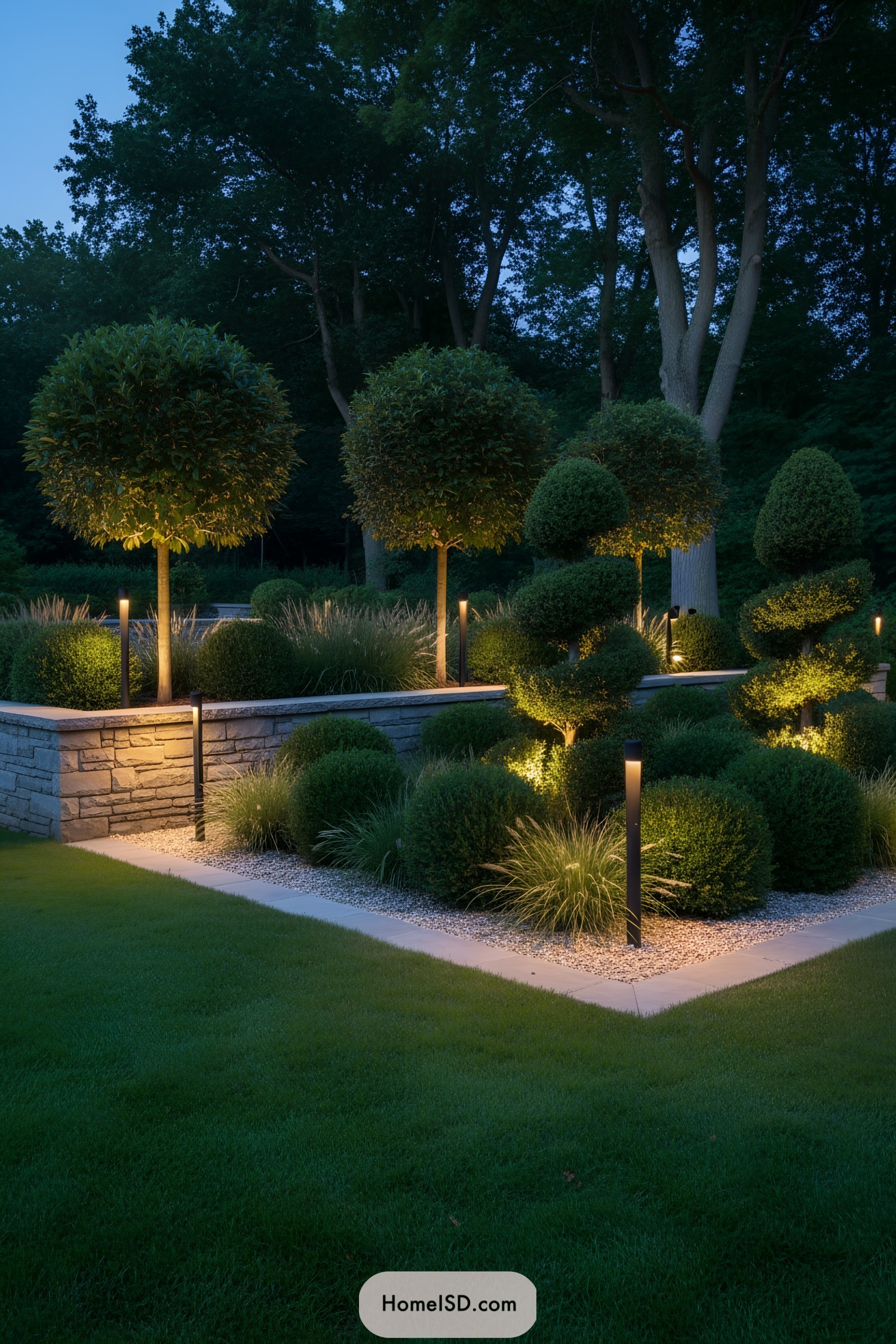 Night garden with illuminated shrubs and trees