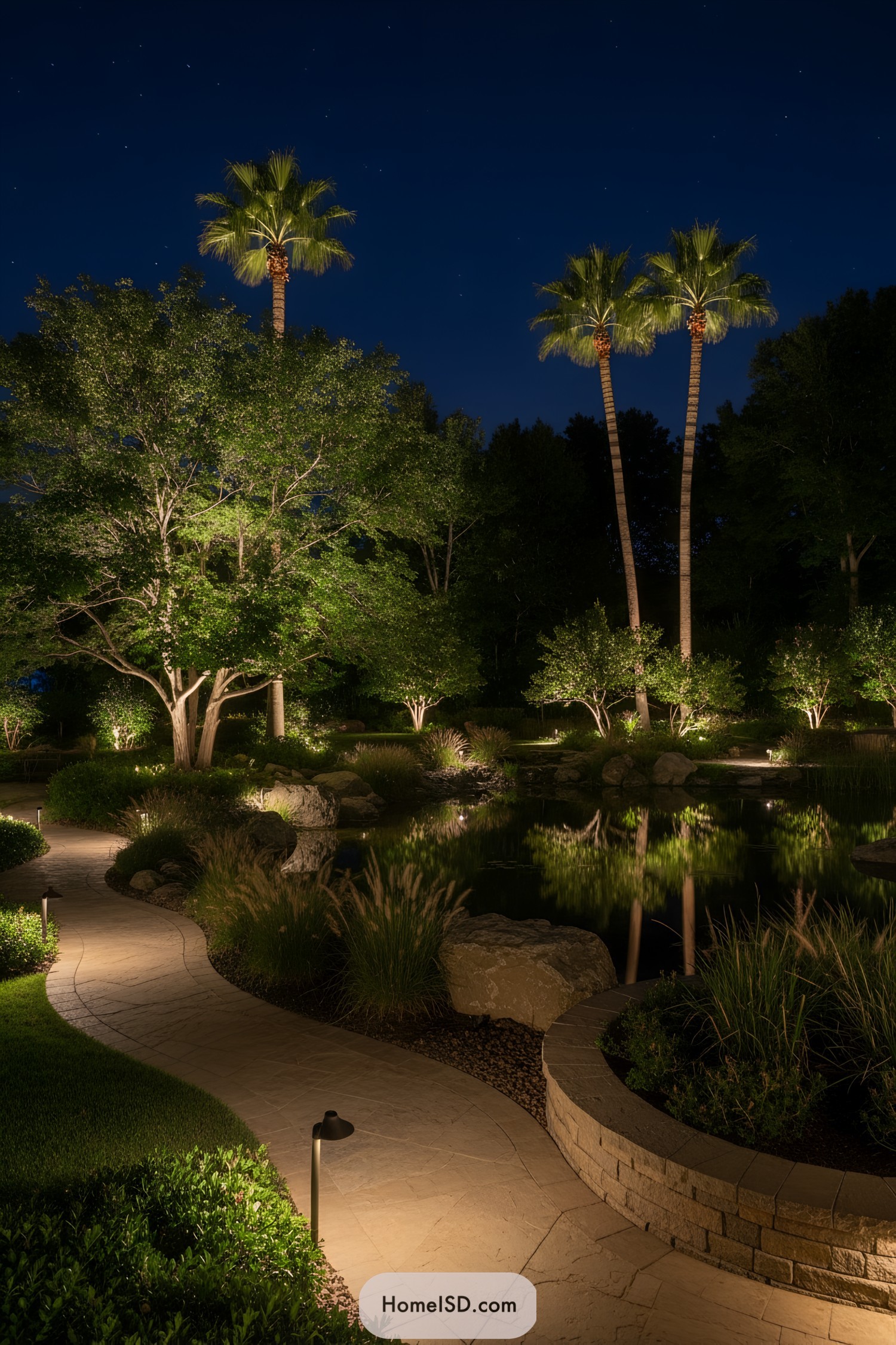 Serene garden pathway illuminated at night