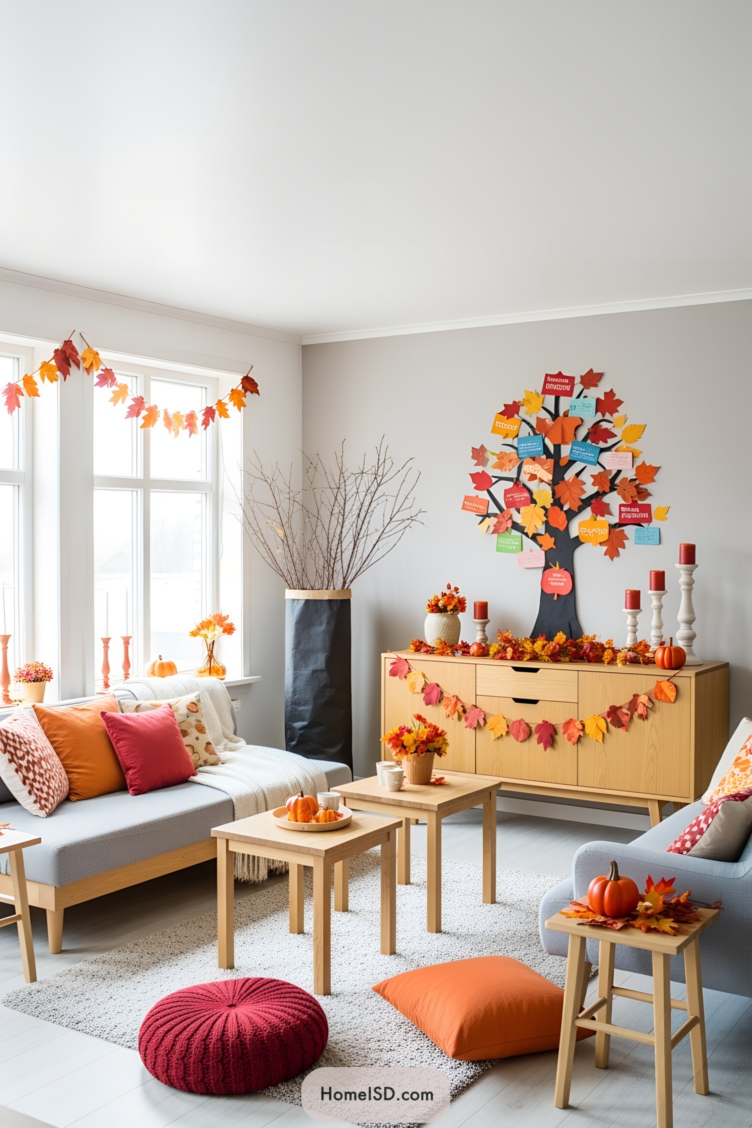 Colorful Thanksgiving-themed living room with a leaf-adorned tree and festive decor